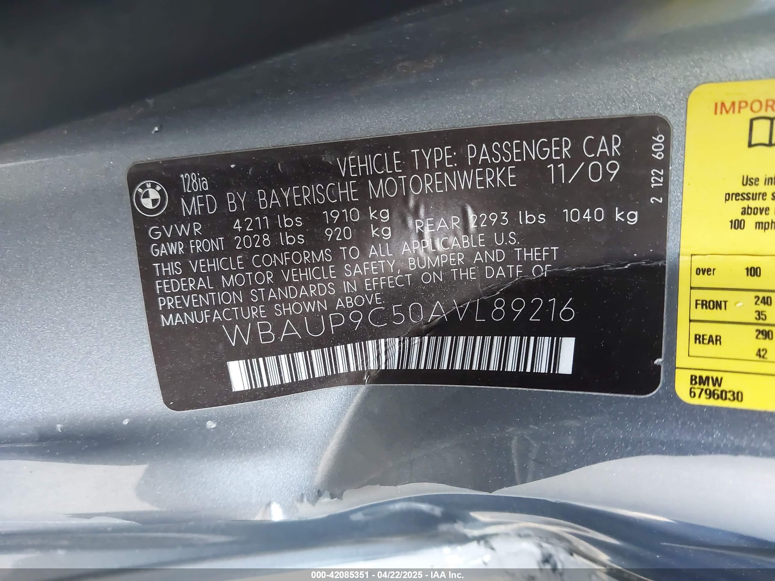 2010 Bmw 128i   Gray vin: WBAUP9C50AVL89216