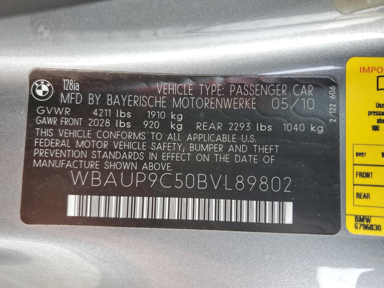 2011 Bmw 128 I Gray vin: WBAUP9C50BVL89802