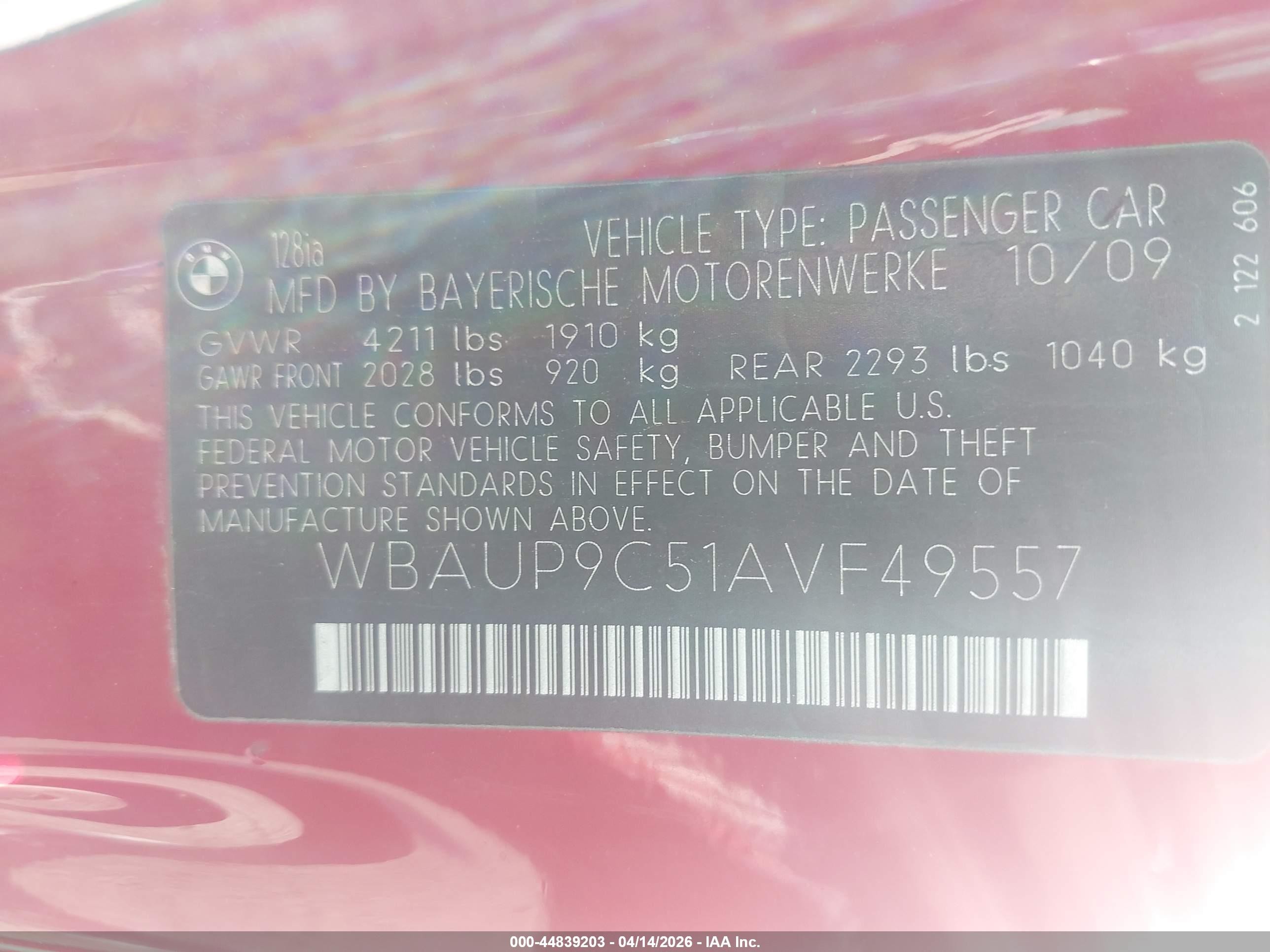 2010 Bmw 128i   Red vin: WBAUP9C51AVF49557