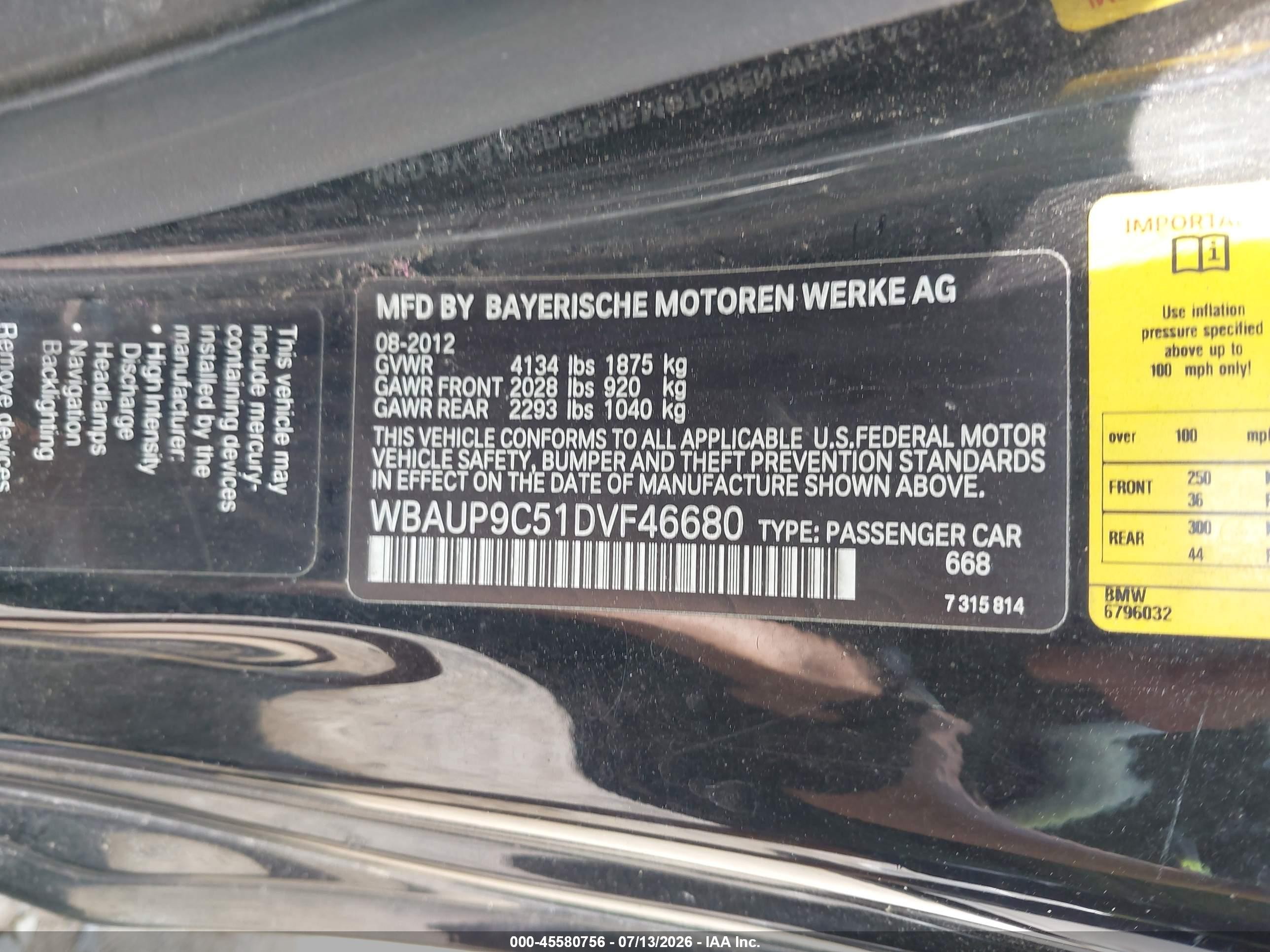 2013 Bmw 128i   Черный vin: WBAUP9C51DVF46680