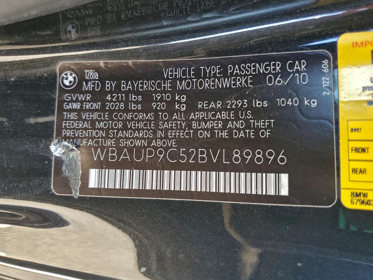 2011 Bmw 128 I Black vin: WBAUP9C52BVL89896