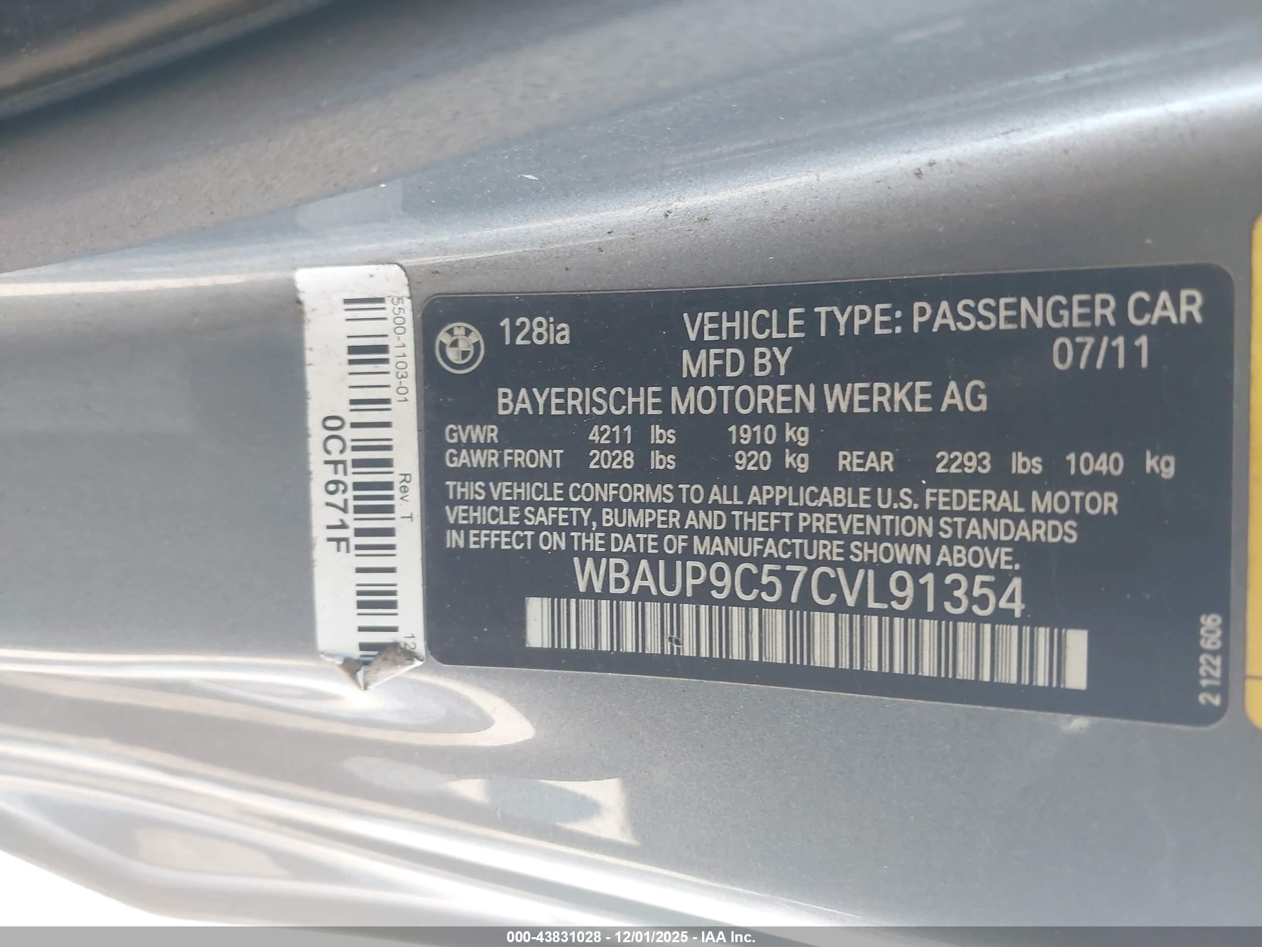 2012 Bmw 128i   Gray vin: WBAUP9C57CVL91354