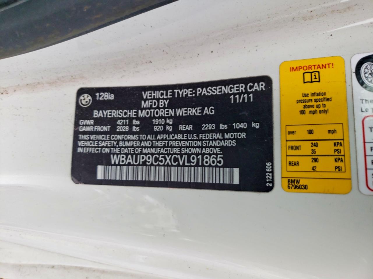 2012 Bmw 128 I White vin: WBAUP9C5XCVL91865