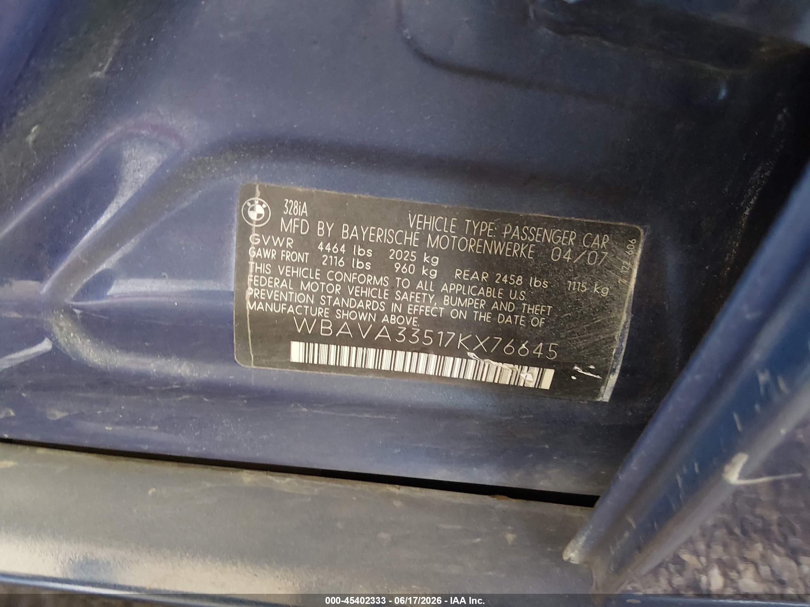 2007 Bmw 328i   Blue vin: WBAVA33517KX76645