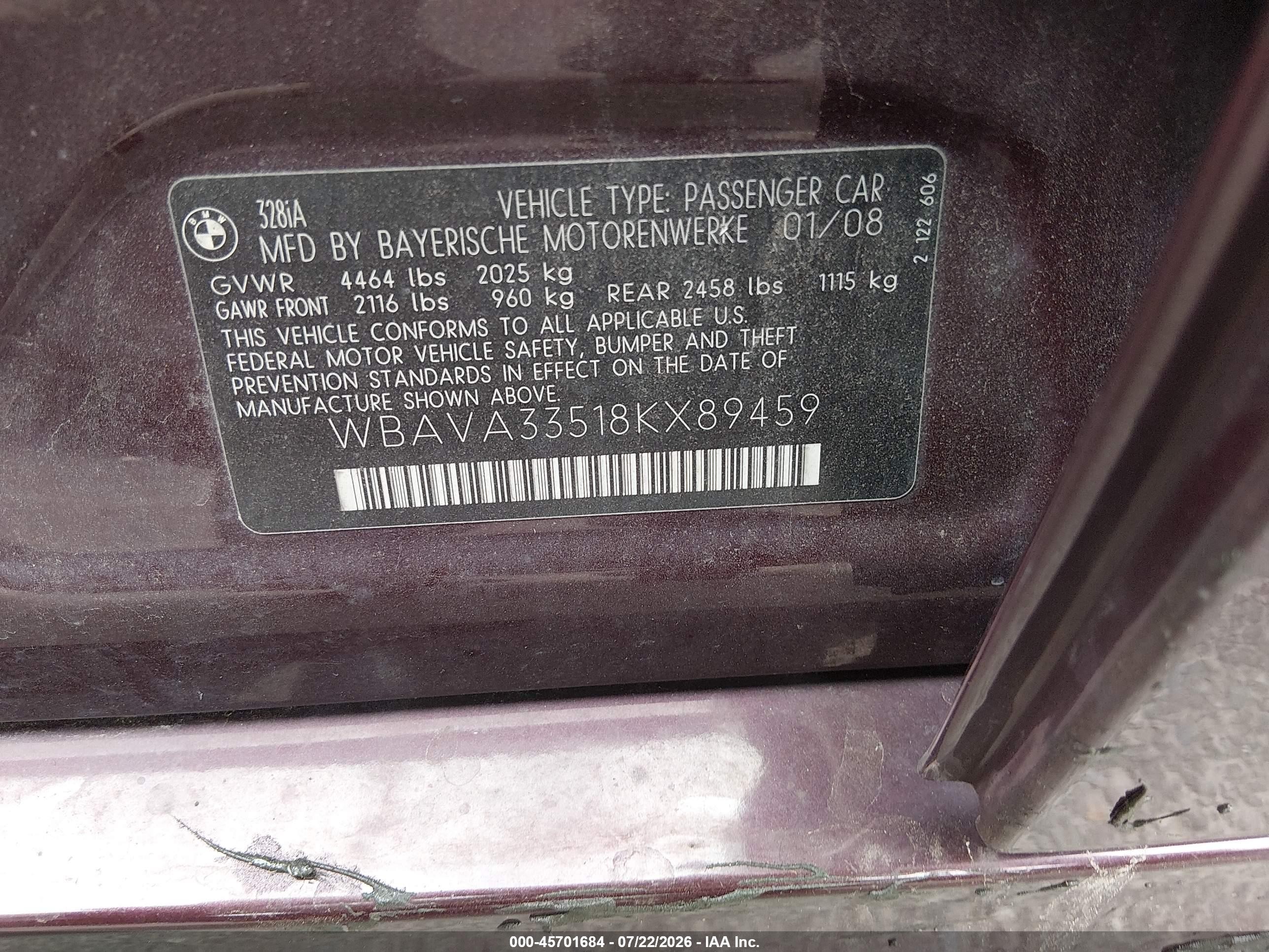 2008 Bmw 328i   Burgundy vin: WBAVA33518KX89459
