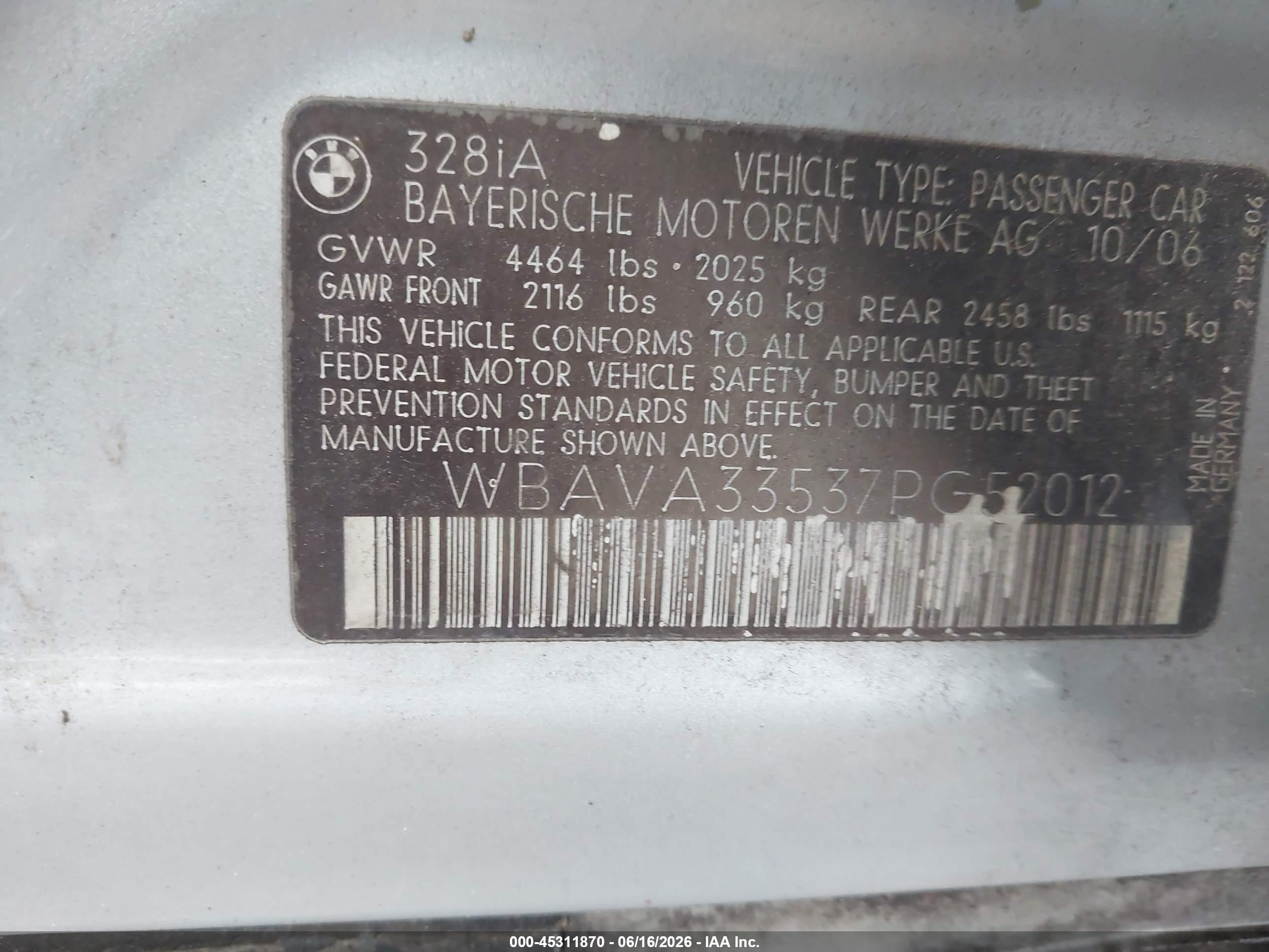 2007 Bmw 328i   Серебряный vin: WBAVA33537PG52012