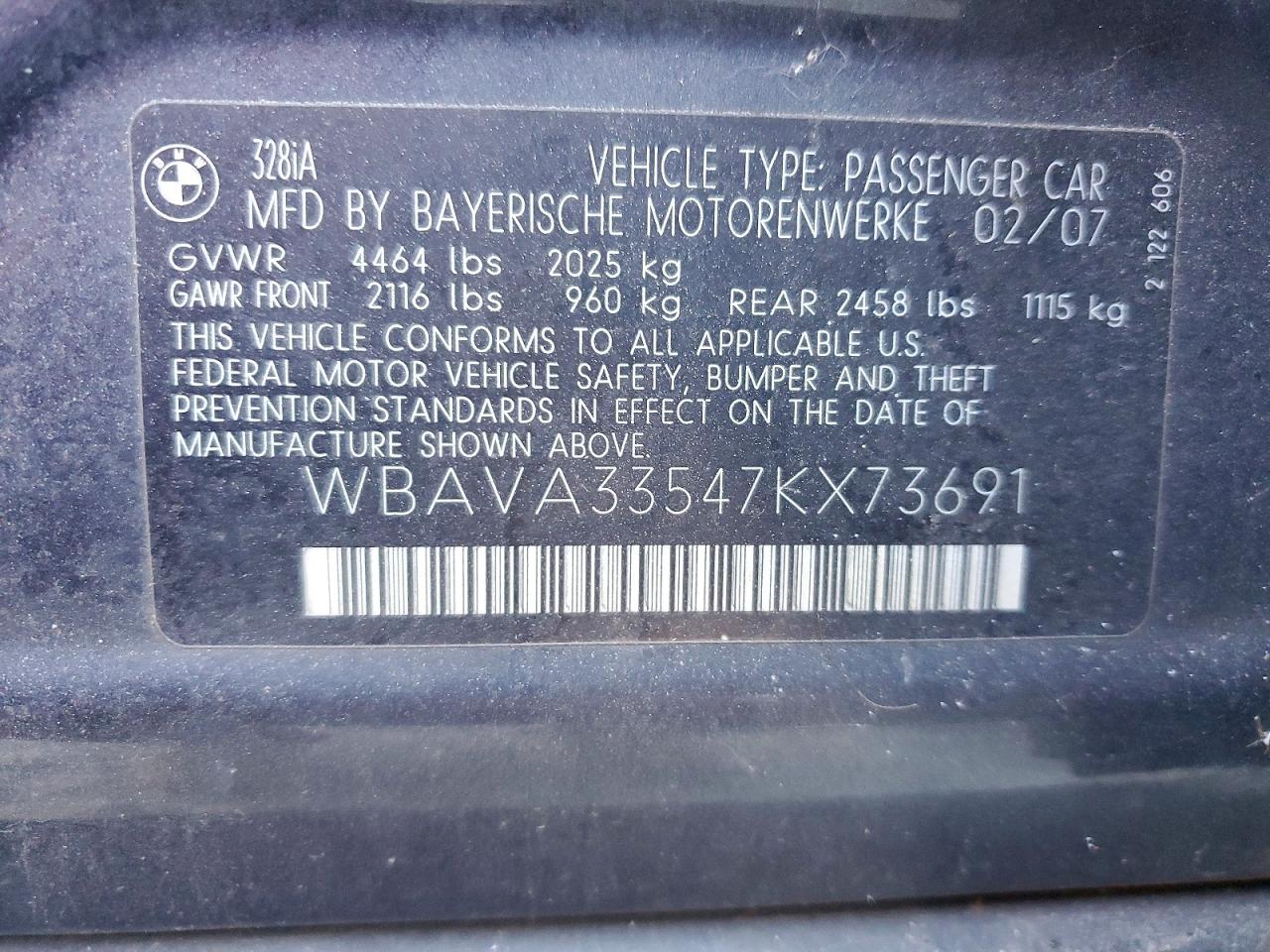 2007 Bmw 328 I Серый vin: WBAVA33547KX73691
