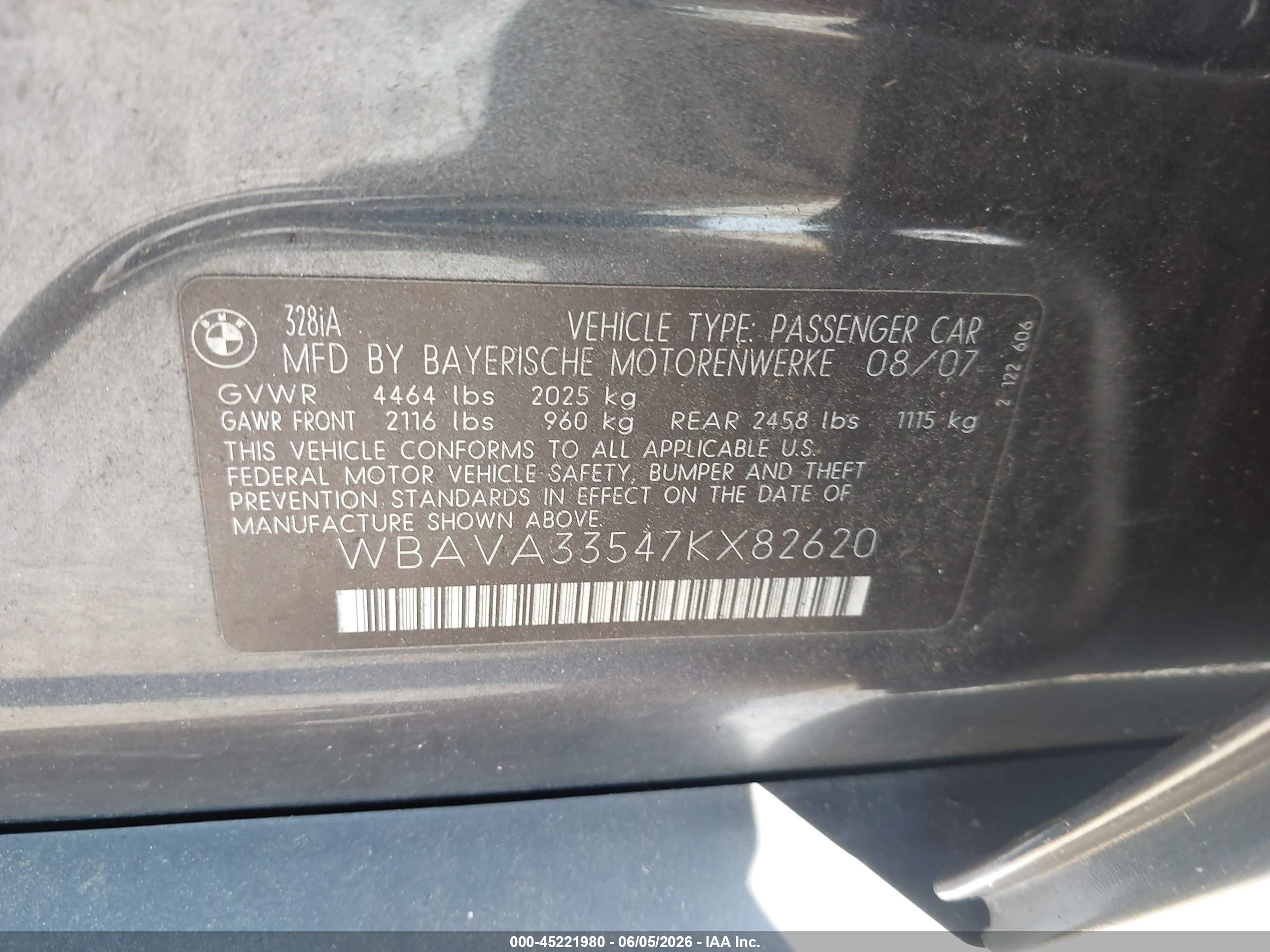 2007 Bmw 328i   Gray vin: WBAVA33547KX82620
