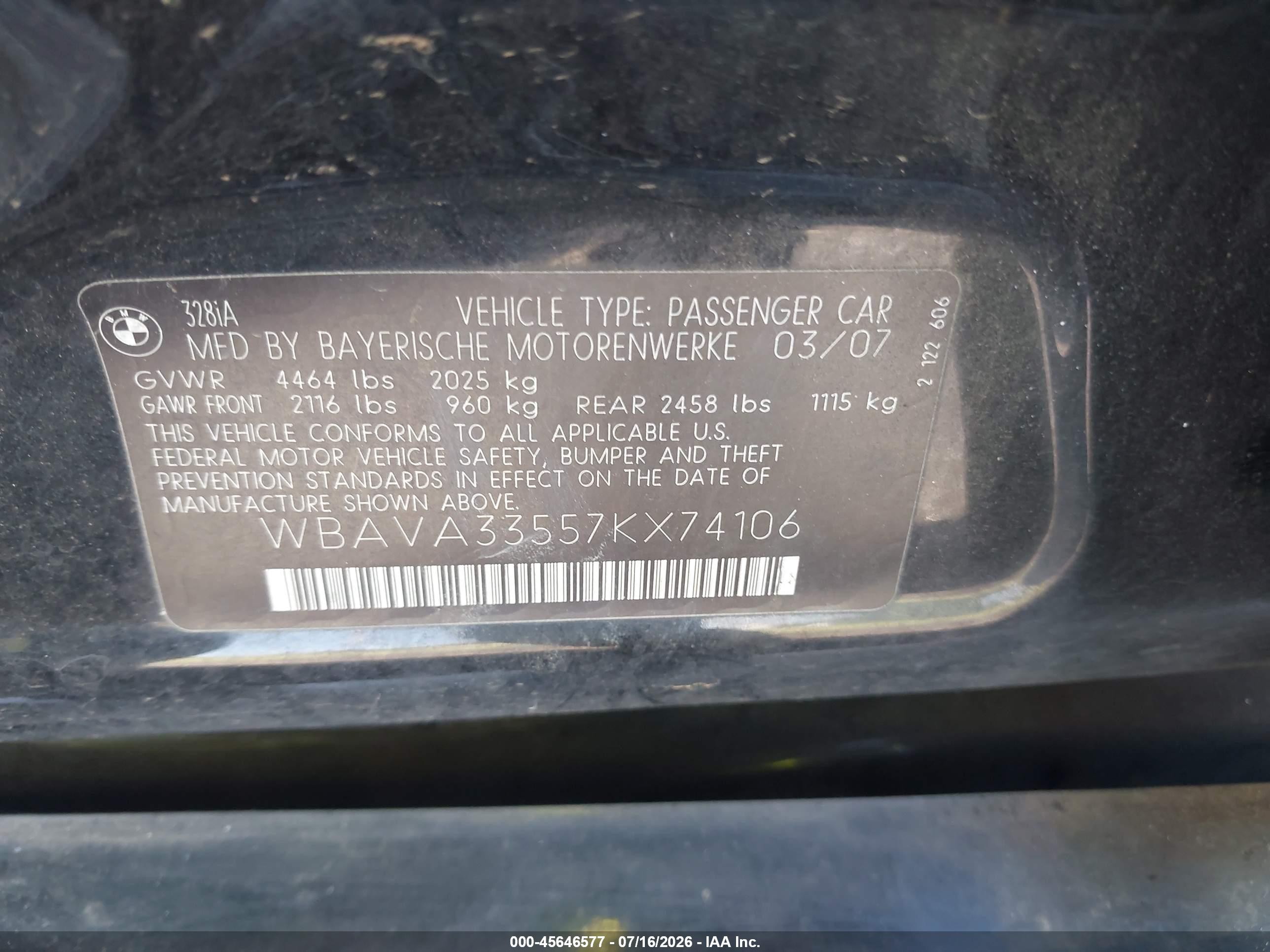 2007 Bmw 328i   Black vin: WBAVA33557KX74106