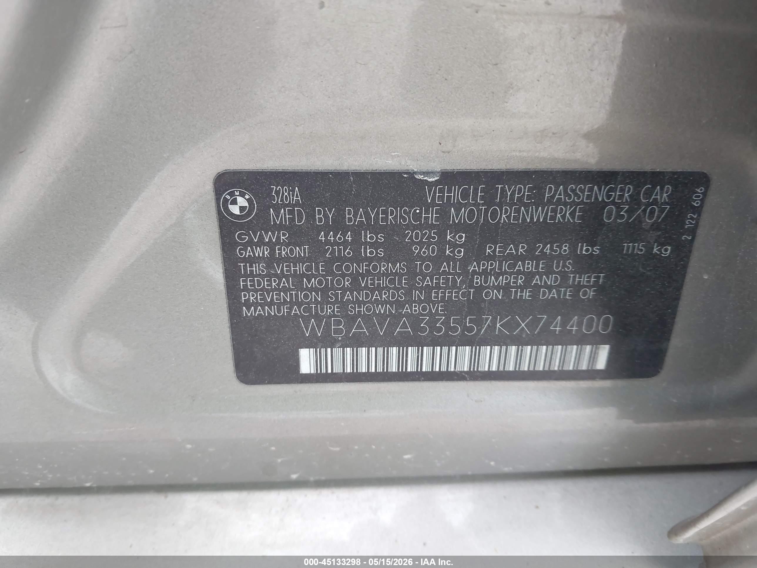 2007 Bmw 328i   Beige vin: WBAVA33557KX74400
