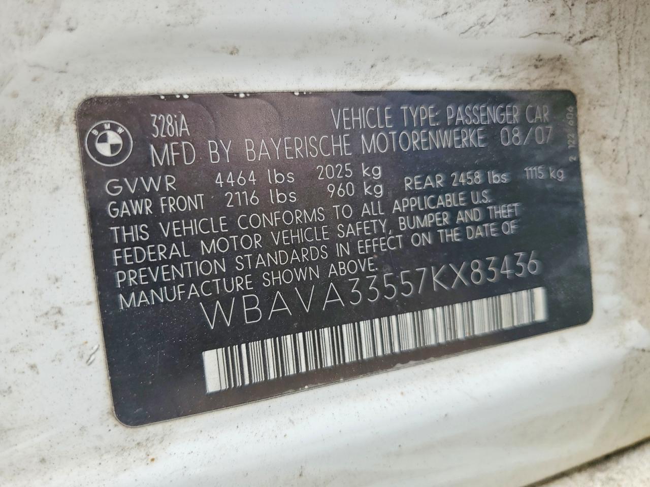 2007 Bmw 328 I White vin: WBAVA33557KX83436