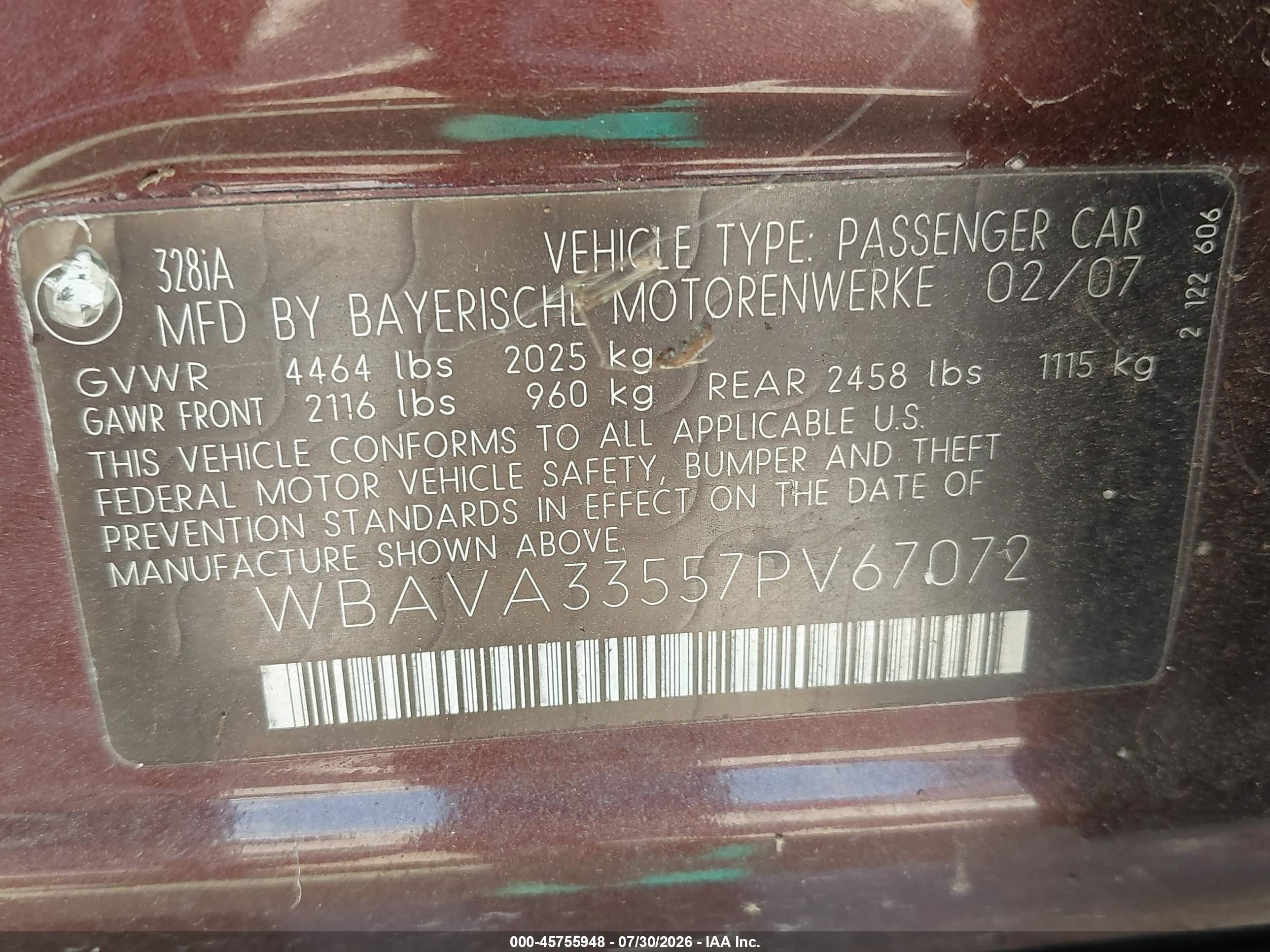 2007 Bmw 328i   Maroon vin: WBAVA33557PV67072