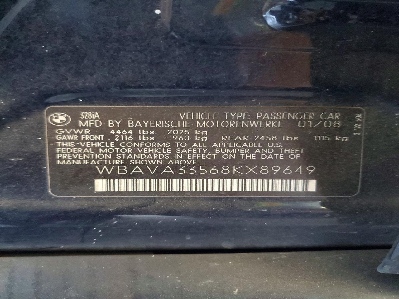 2008 Bmw 328 I Black vin: WBAVA33568KX89649