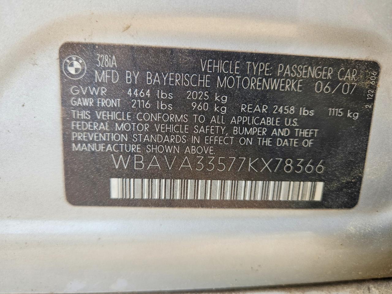2007 Bmw 328 I Серебряный vin: WBAVA33577KX78366