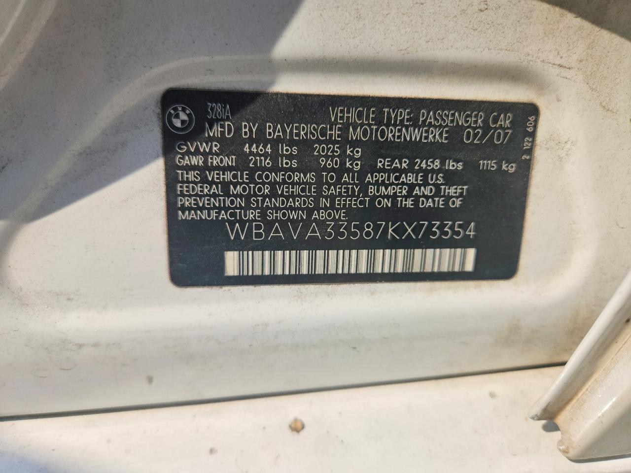2007 Bmw 328 I White vin: WBAVA33587KX73354