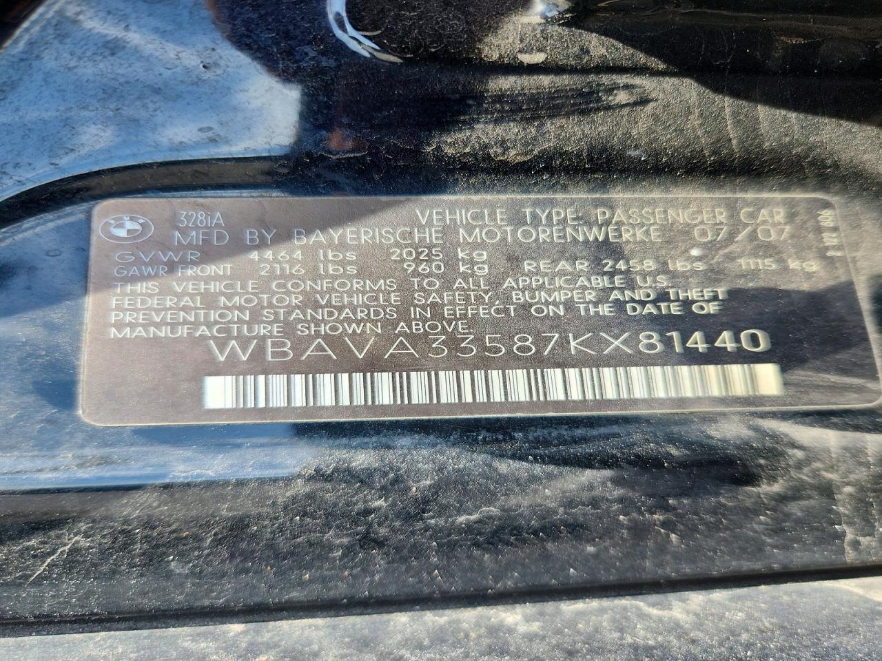 2007 Bmw 328 I Black vin: WBAVA33587KX81440