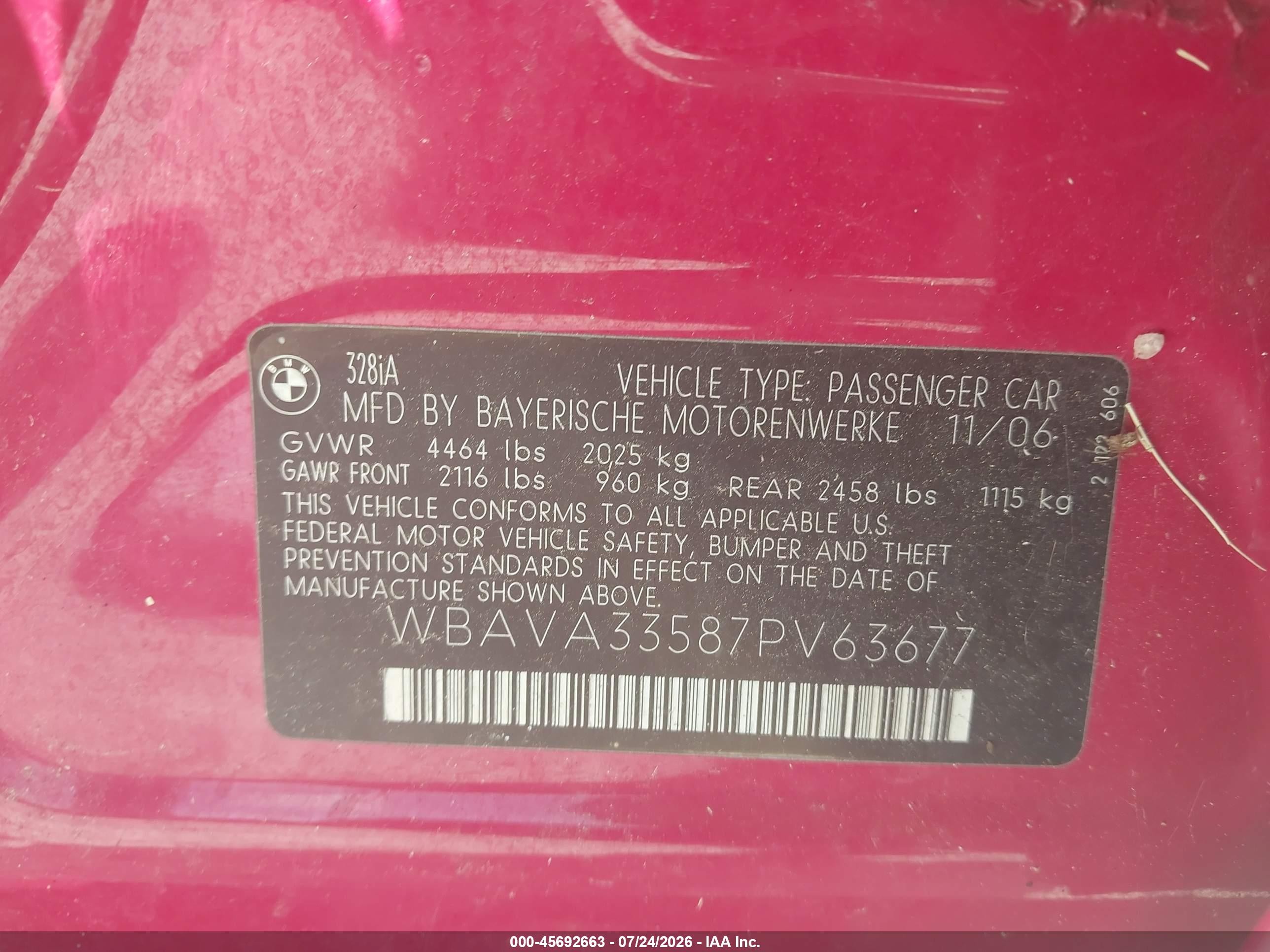 2007 Bmw 328i   Red vin: WBAVA33587PV63677