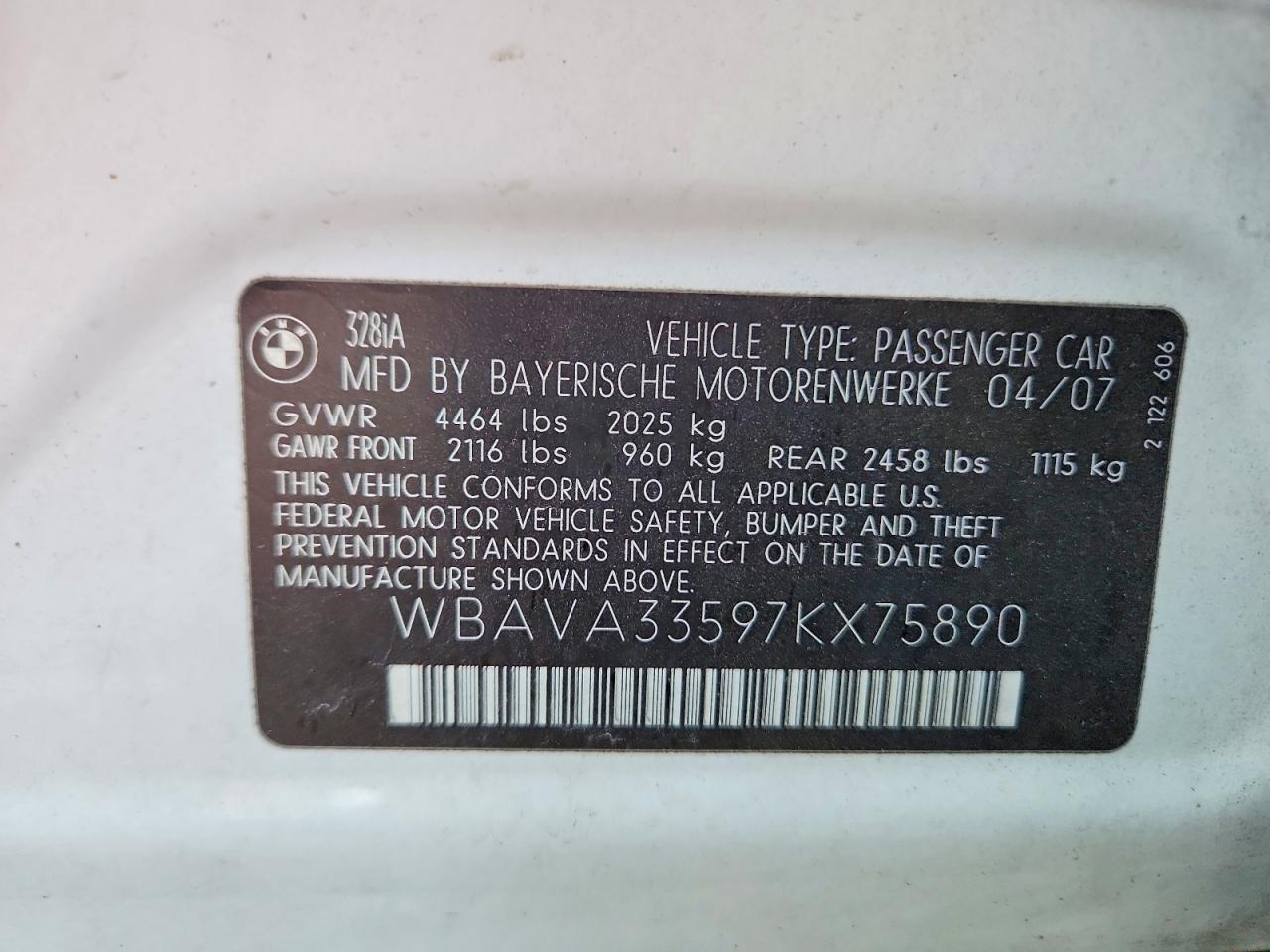 2007 Bmw 328 I White vin: WBAVA33597KX75890