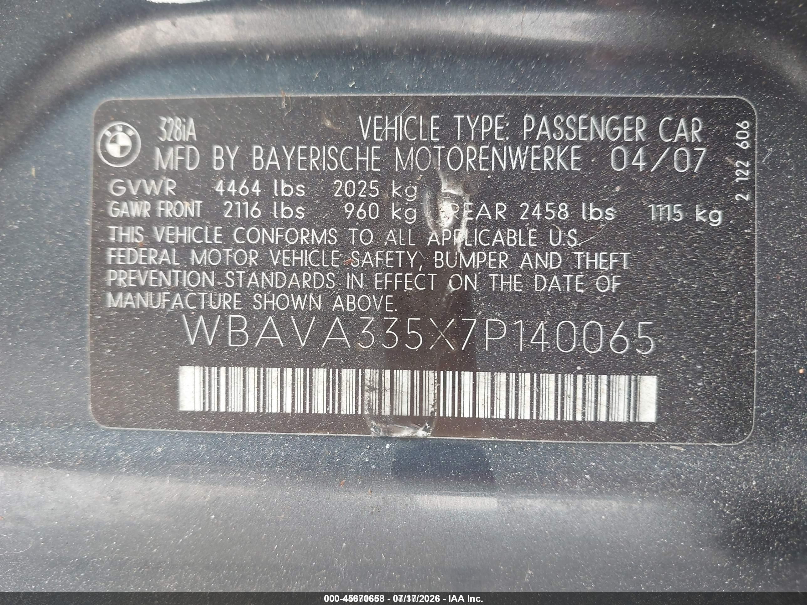 2007 Bmw 328i   Серый vin: WBAVA335X7P140065
