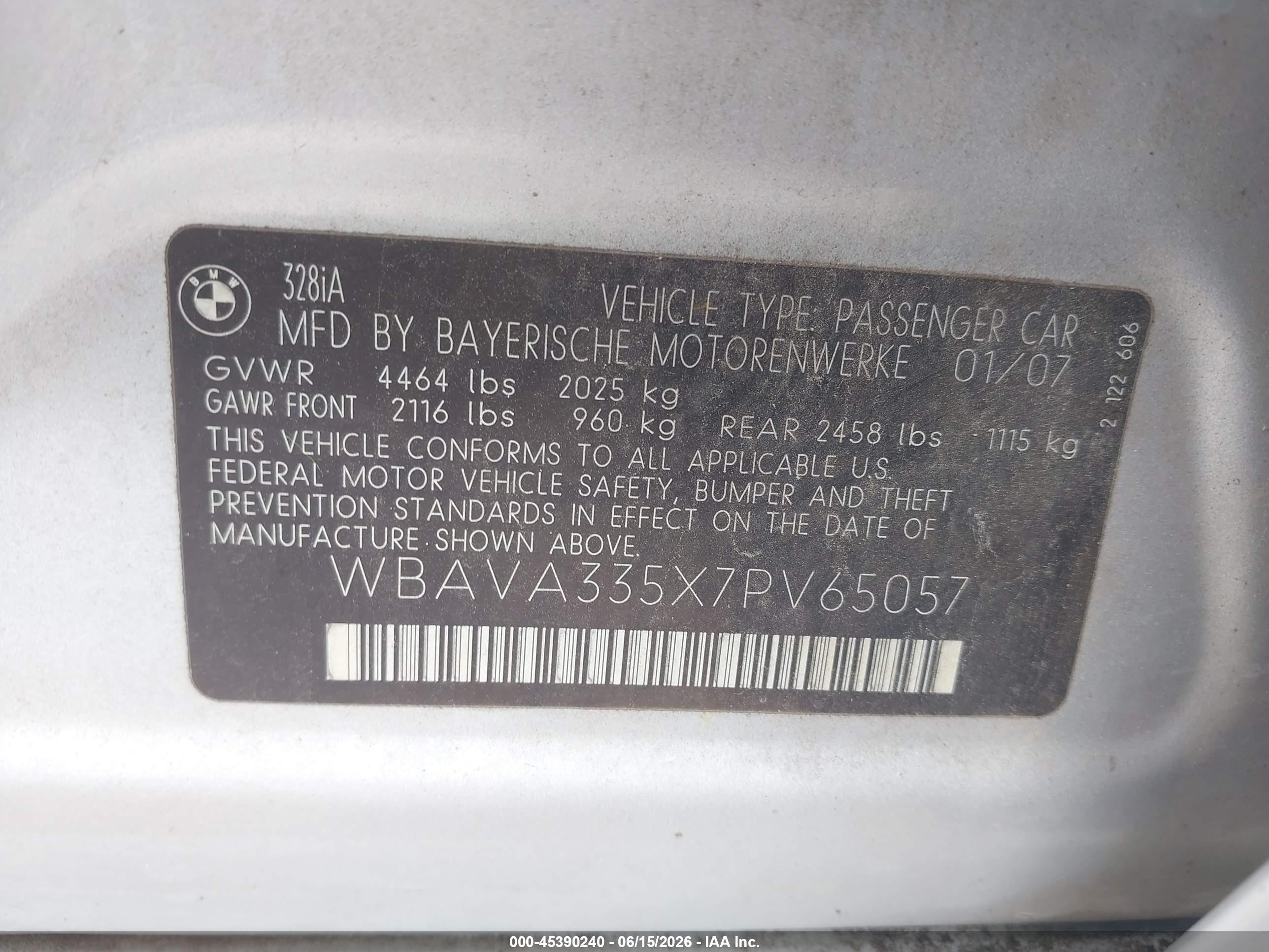 2007 Bmw 328i   Silver vin: WBAVA335X7PV65057