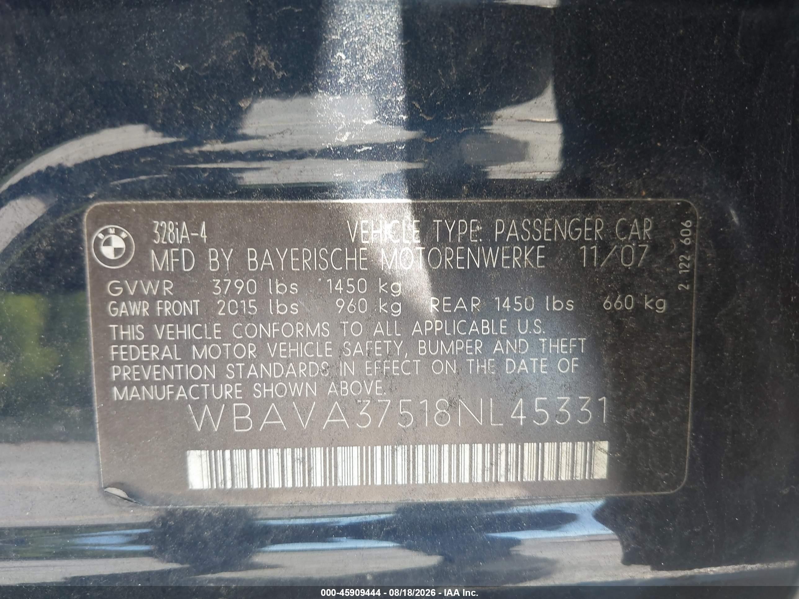 2008 Bmw 328i   Dark Blue vin: WBAVA37518NL45331