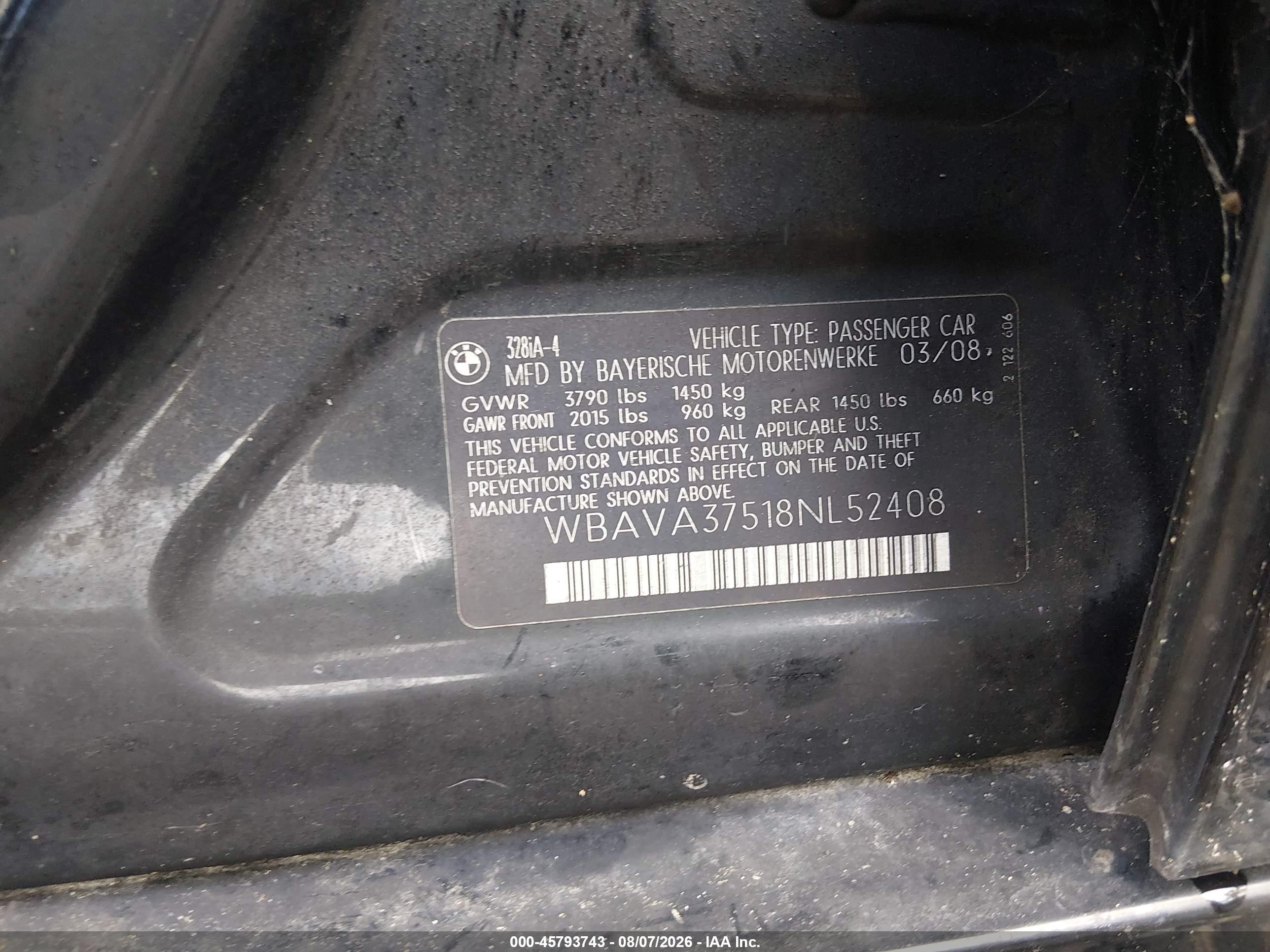 2008 Bmw 328i Black vin: WBAVA37518NL52408