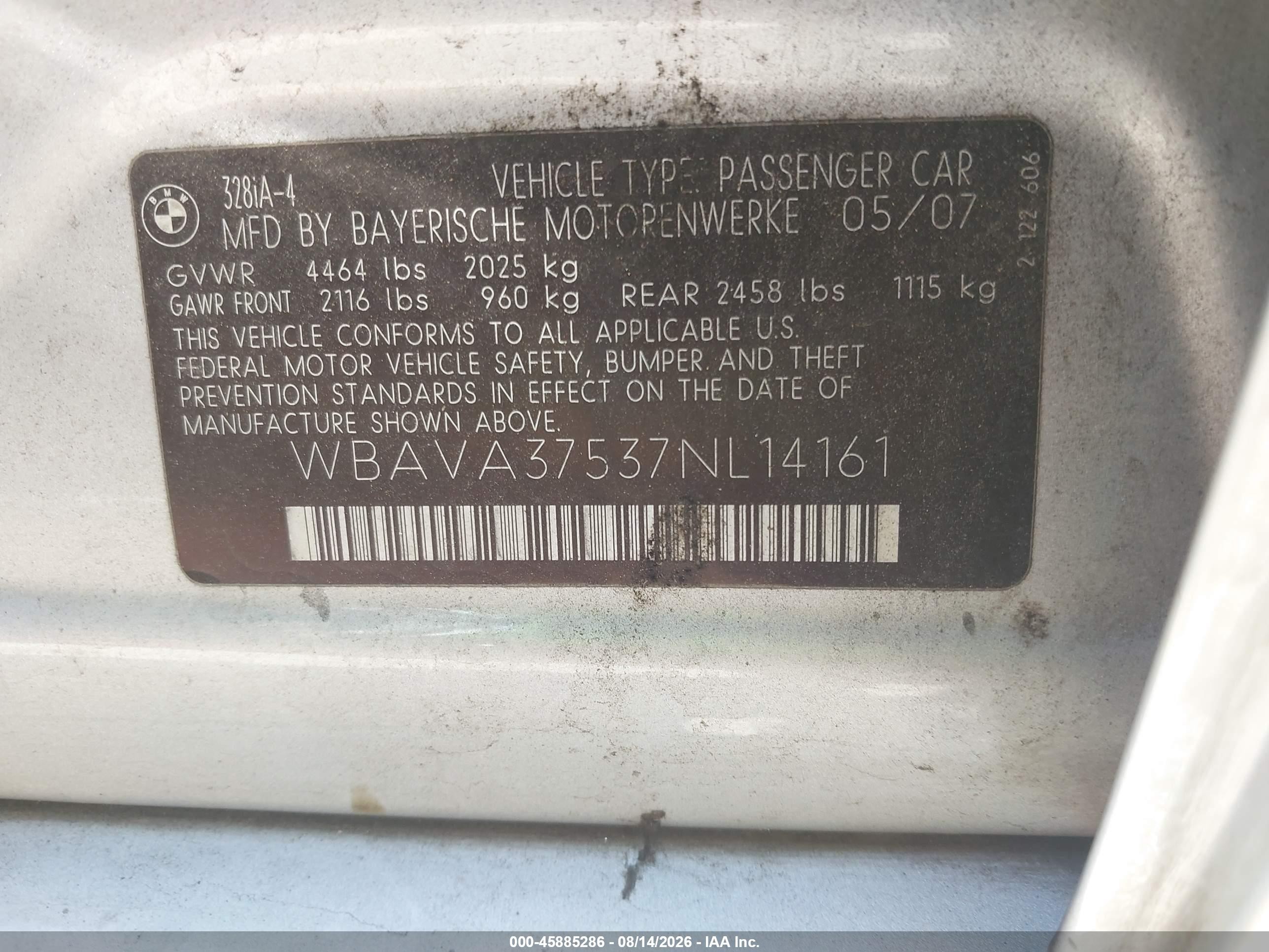 2007 Bmw 328i   Серебряный vin: WBAVA37537NL14161