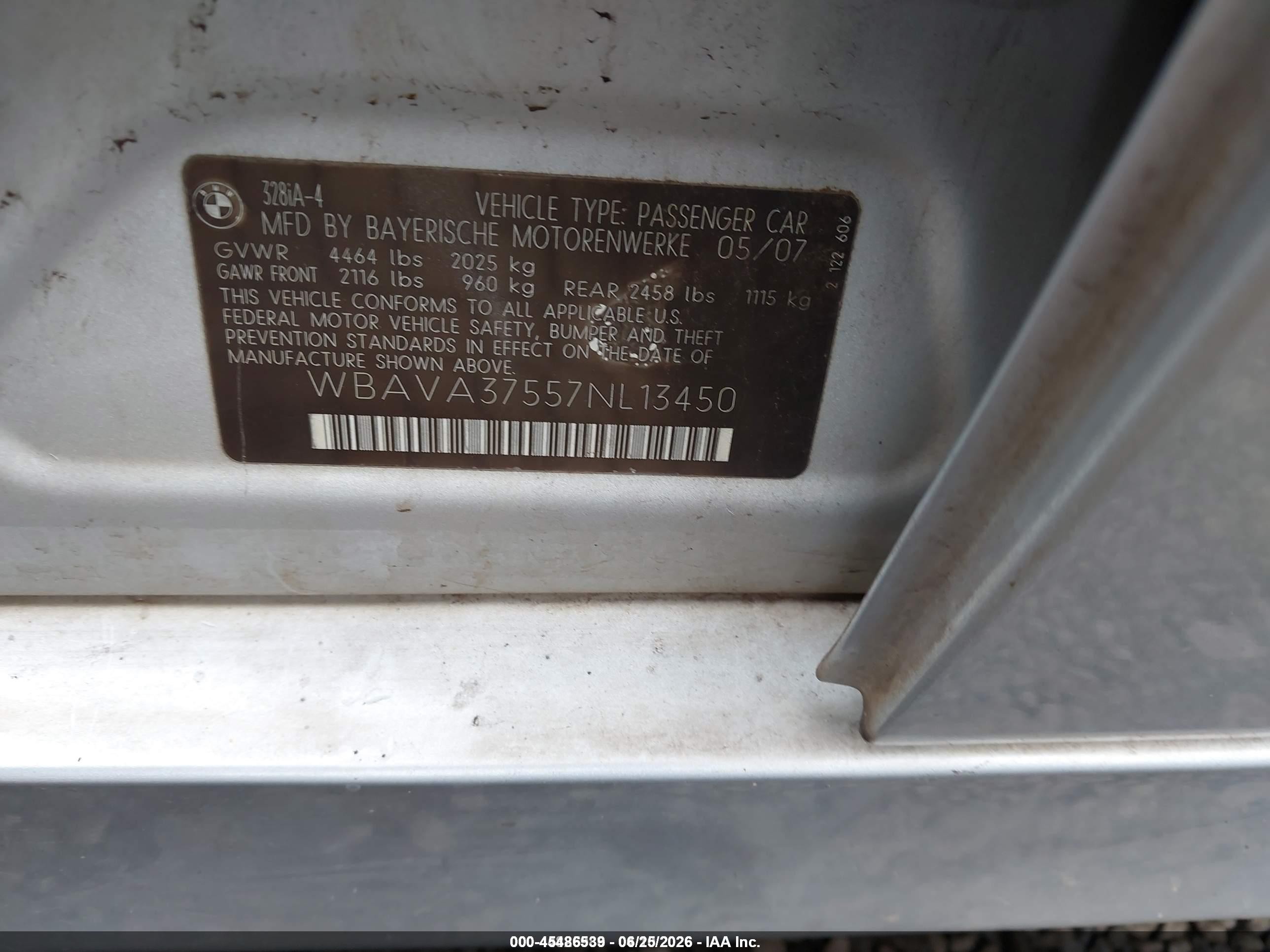 2007 Bmw 328i   Silver vin: WBAVA37557NL13450