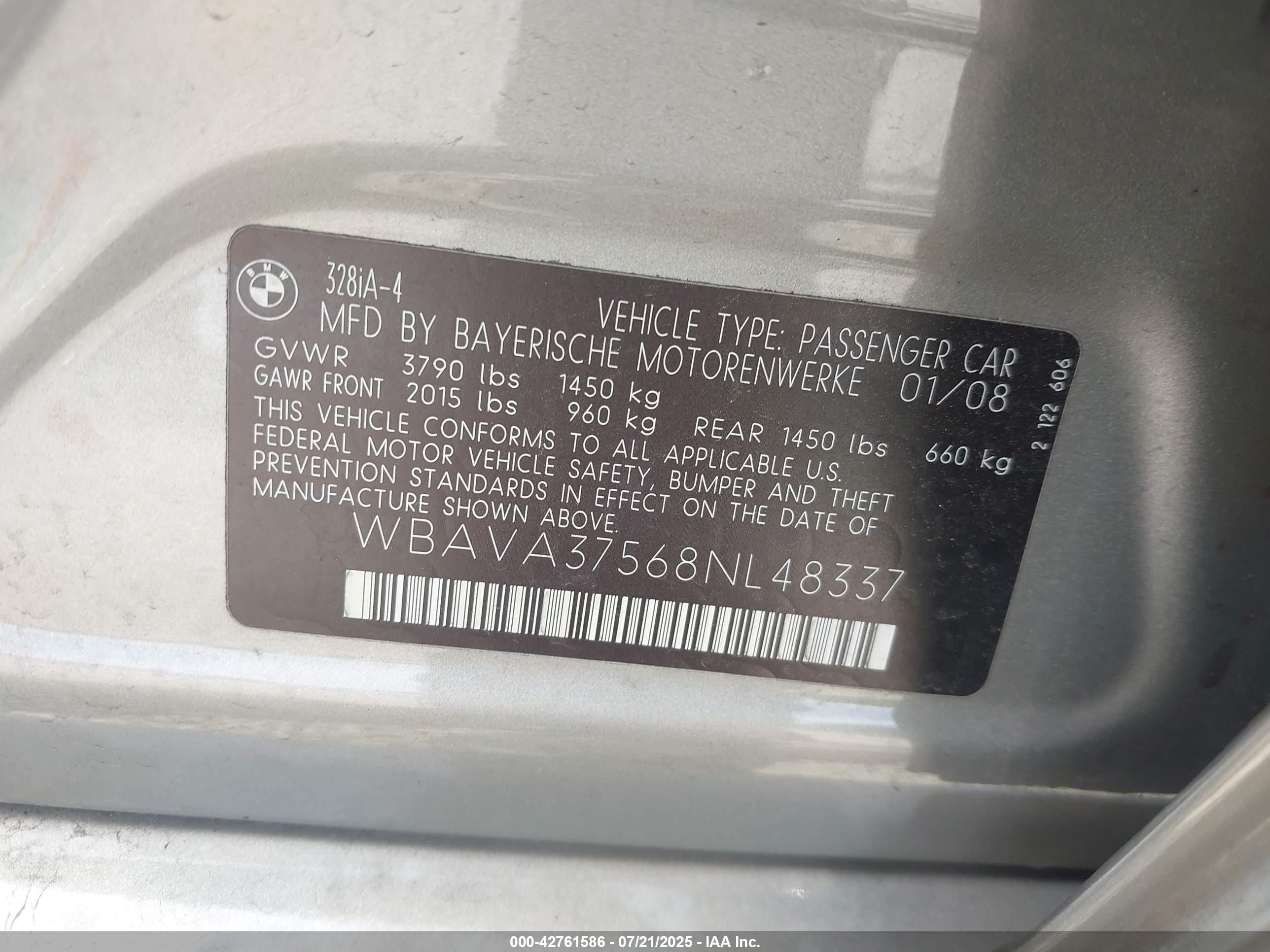 2008 Bmw 328i   Champagne vin: WBAVA37568NL48337