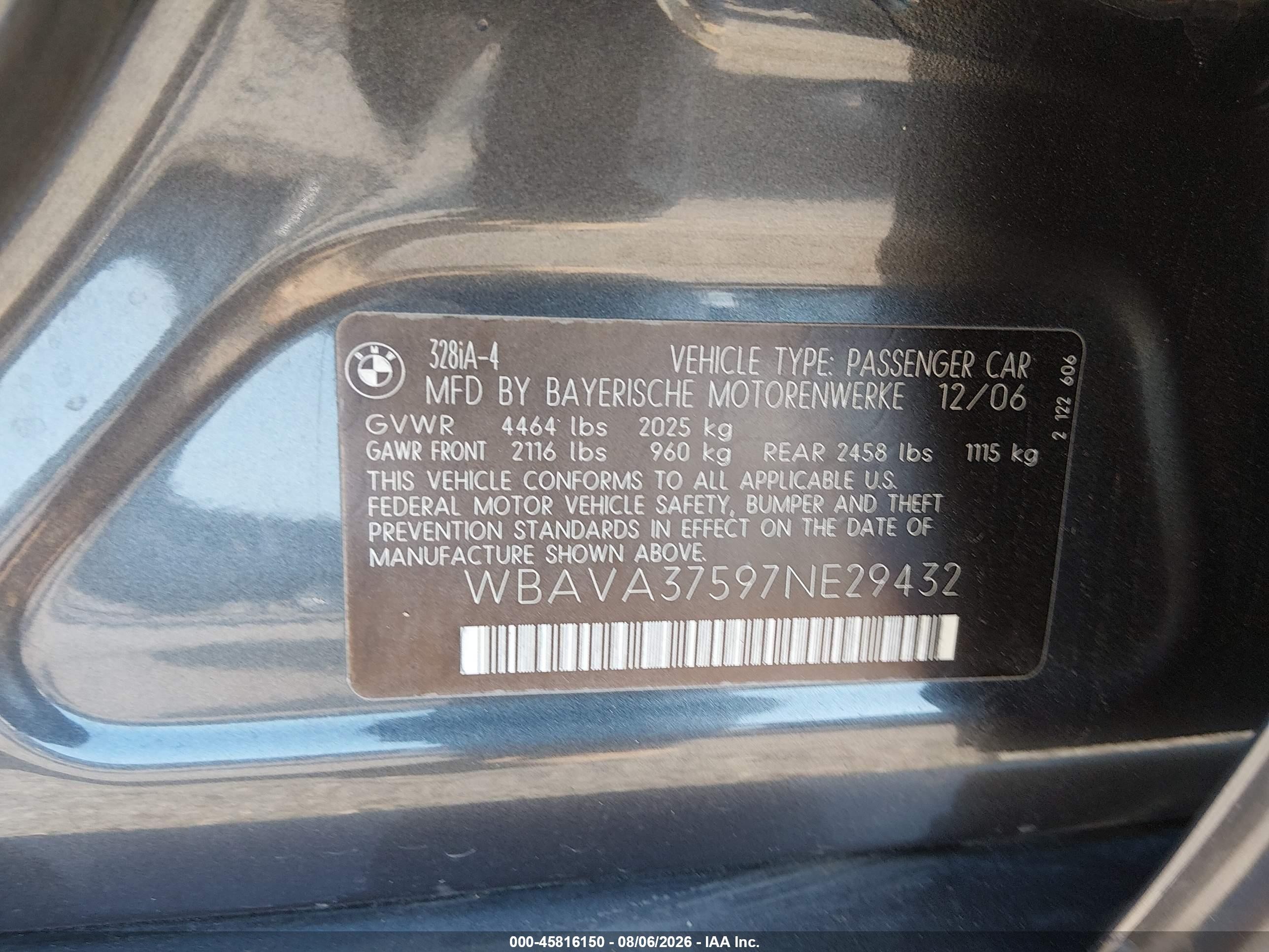 2007 Bmw 328i   Gray vin: WBAVA37597NE29432