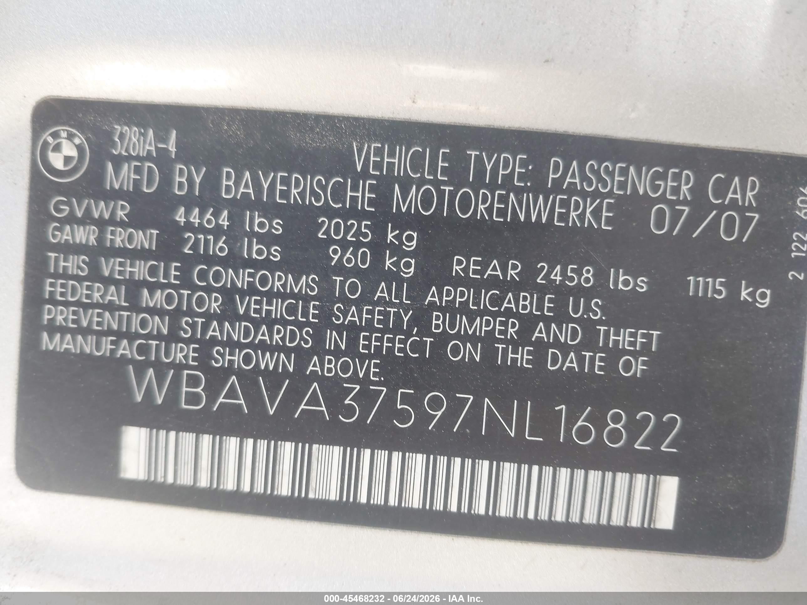 2007 Bmw 328i   Silver vin: WBAVA37597NL16822