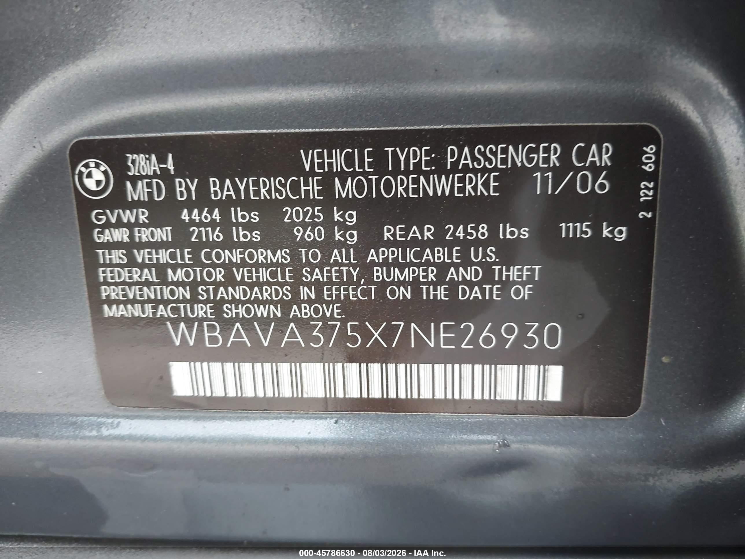 2007 Bmw 328i Gray vin: WBAVA375X7NE26930
