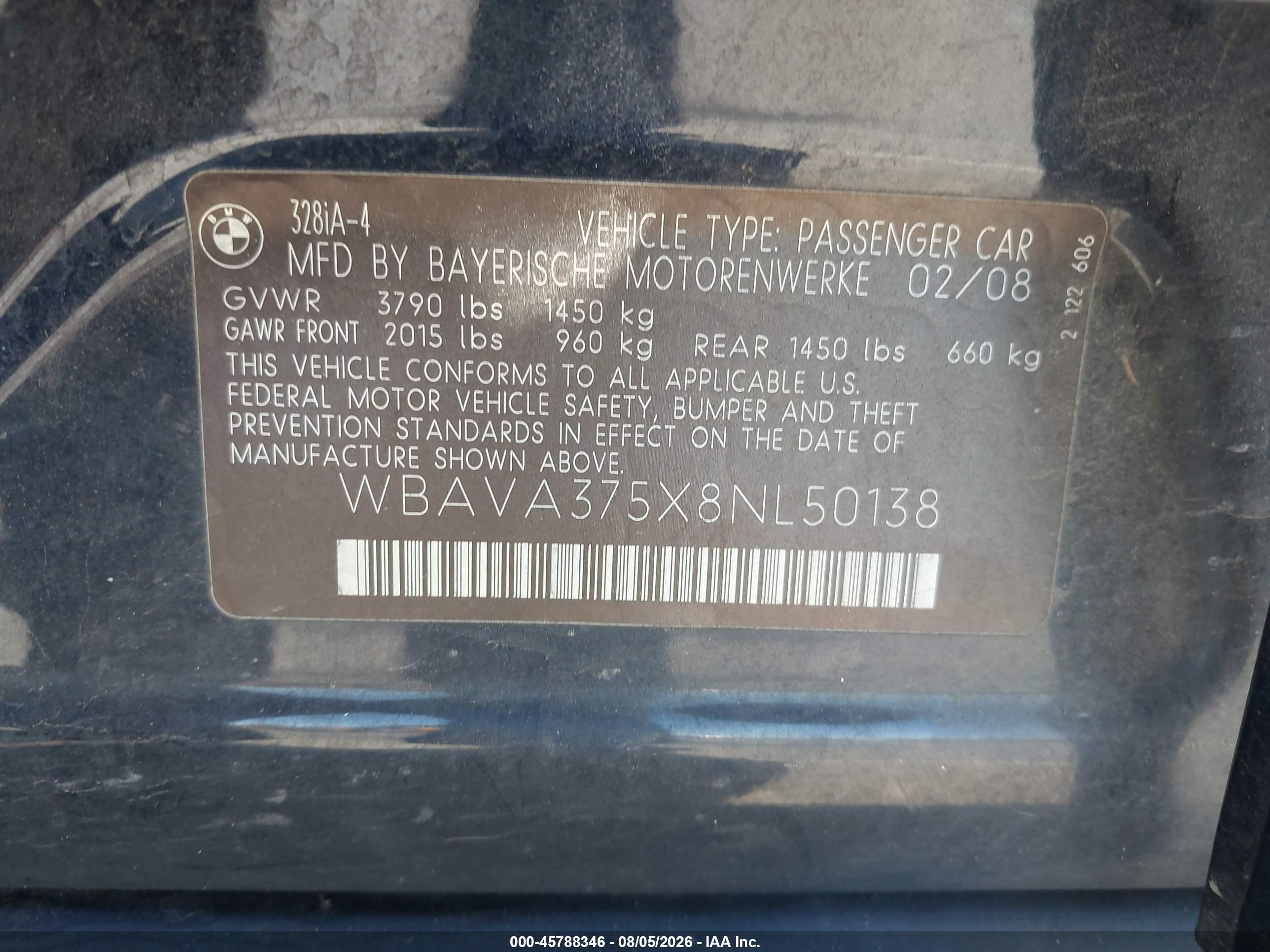2008 Bmw 328i   Black vin: WBAVA375X8NL50138
