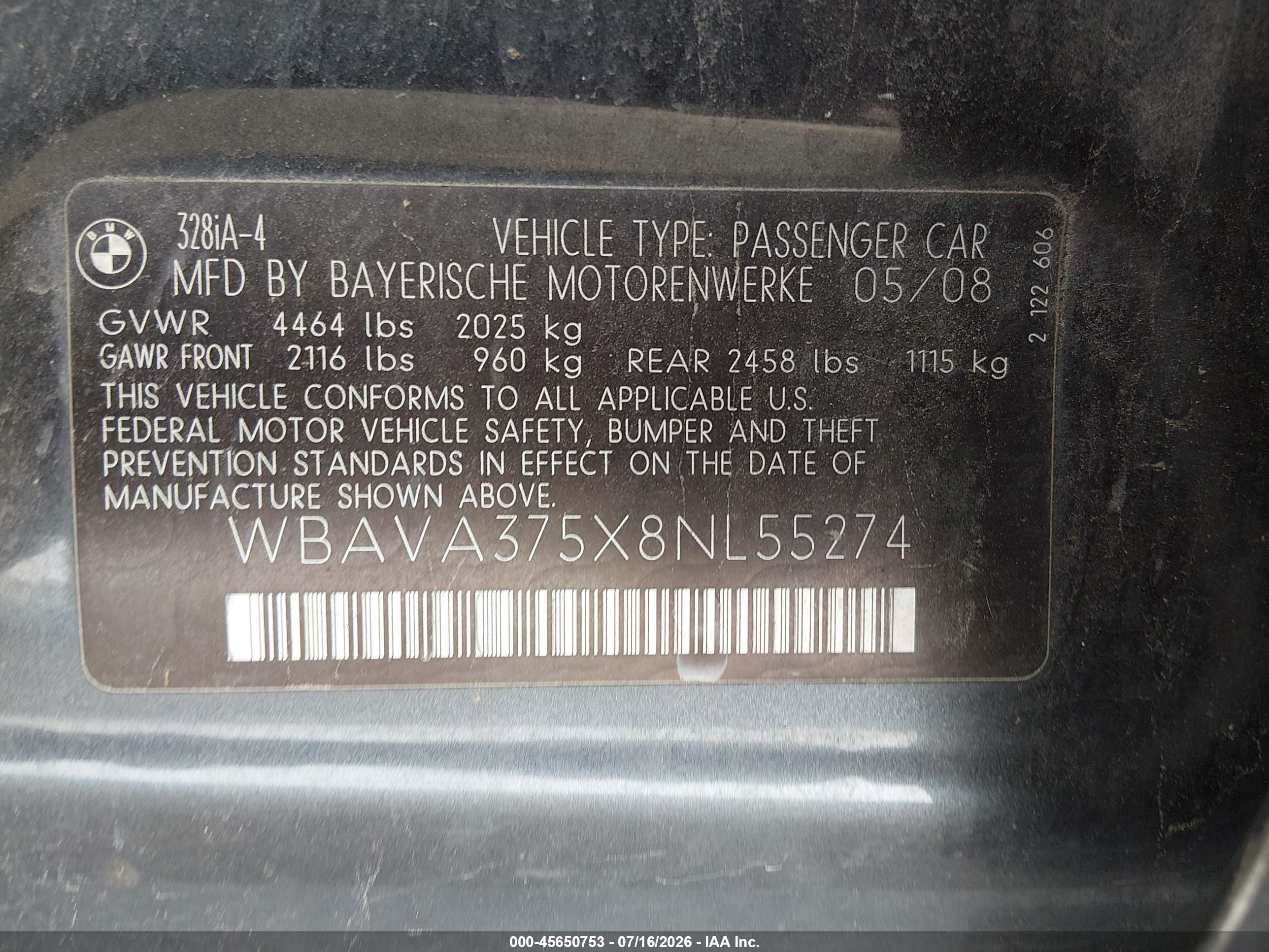 2008 Bmw 328i   Gray vin: WBAVA375X8NL55274