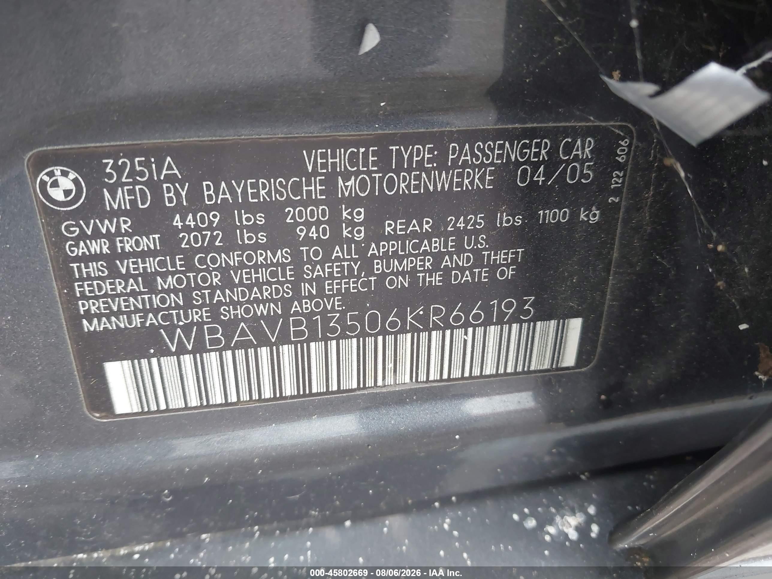 2006 Bmw 325i   Серый vin: WBAVB13506KR66193