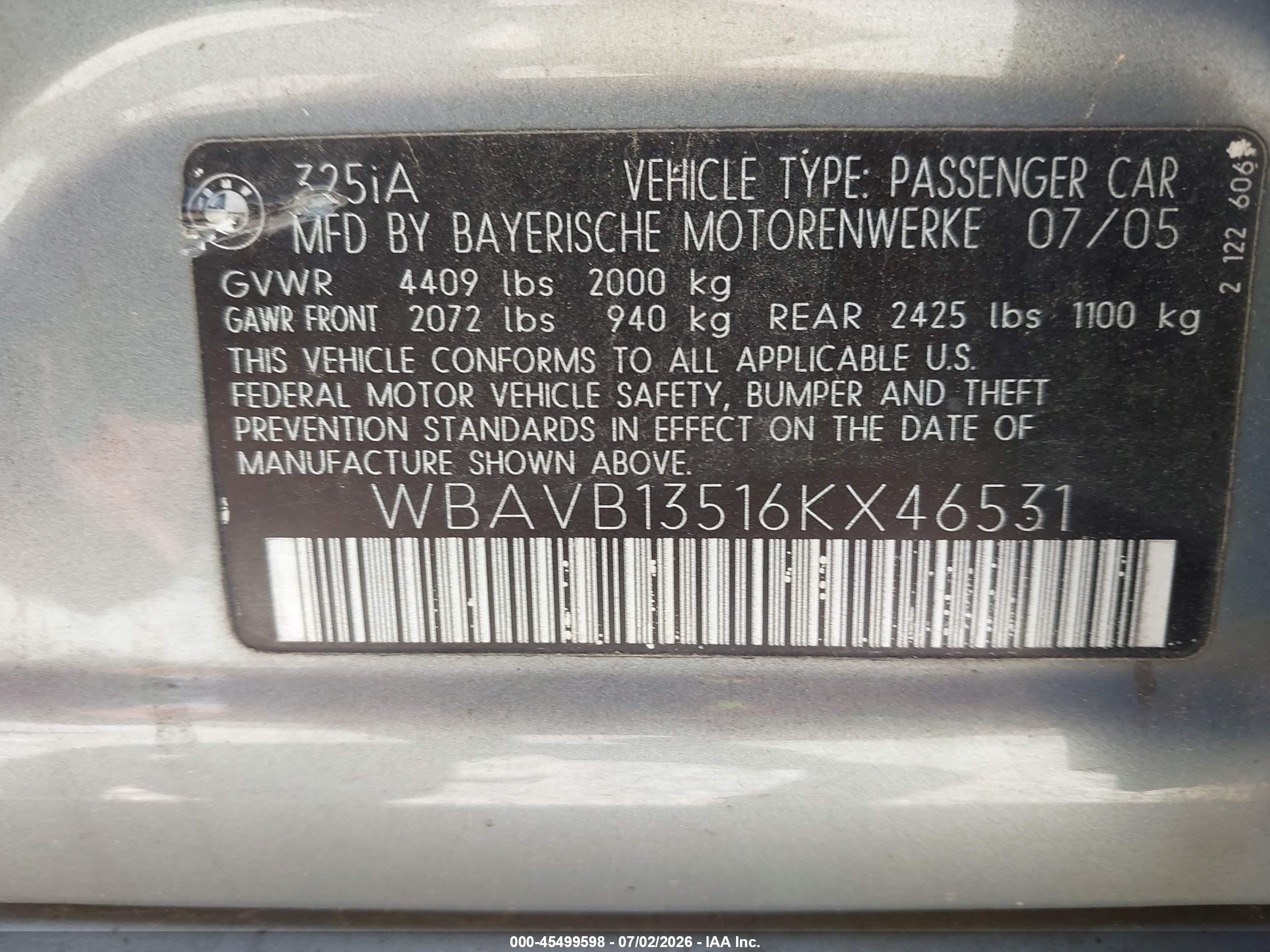2006 Bmw 325i   Blue vin: WBAVB13516KX46531
