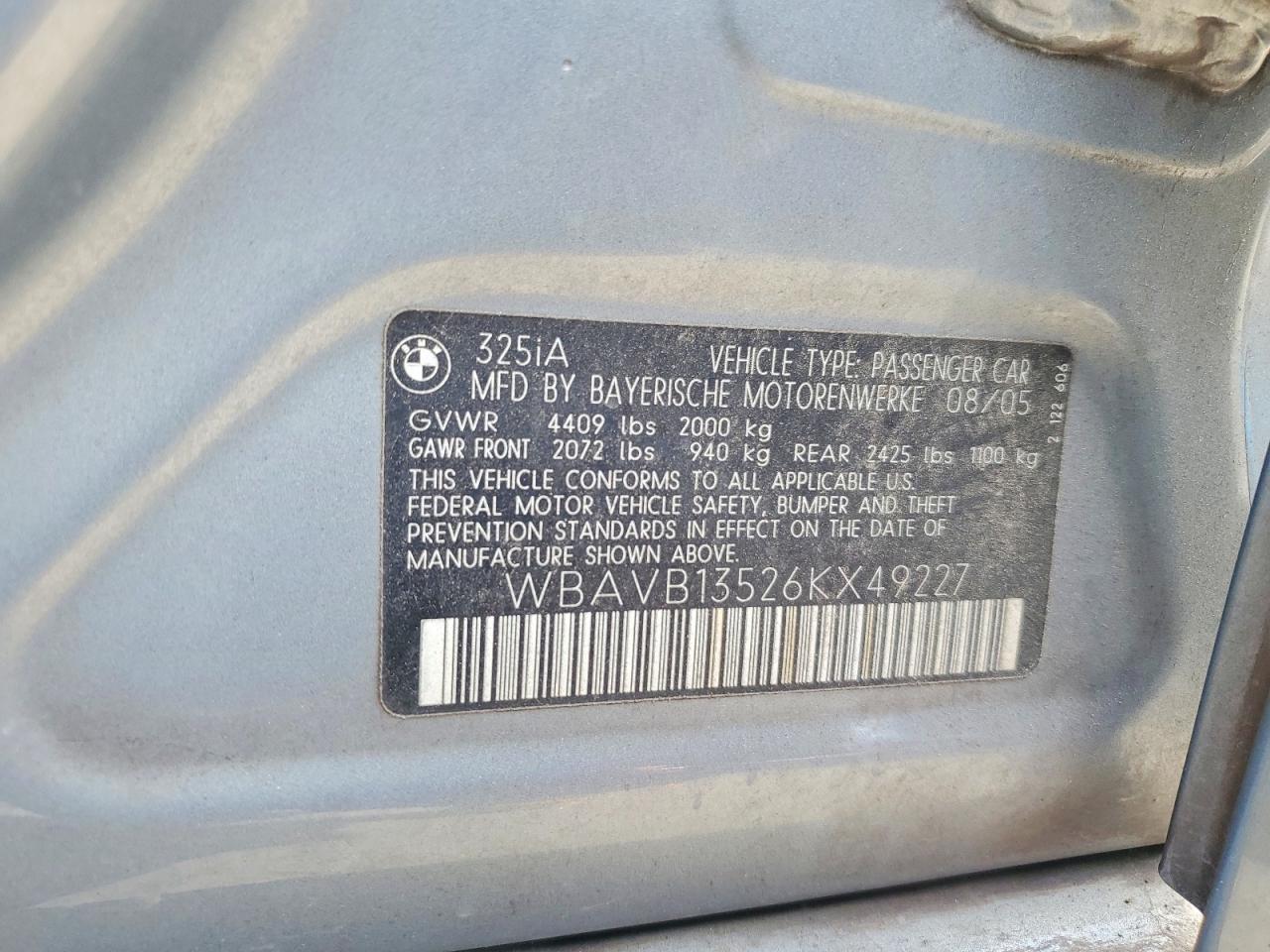 2006 Bmw 325 I Teal vin: WBAVB13526KX49227