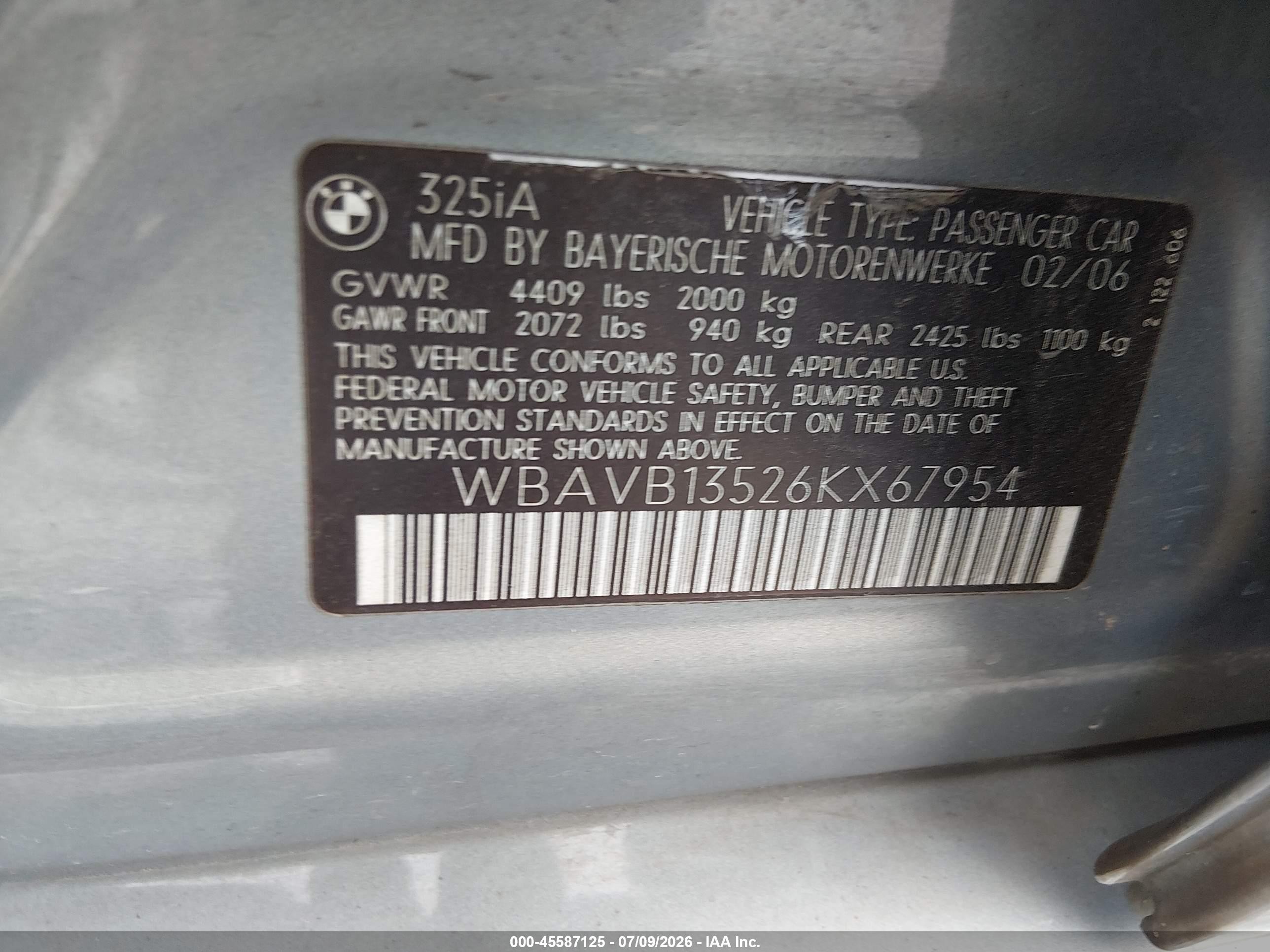 2006 Bmw 325i Light Blue vin: WBAVB13526KX67954