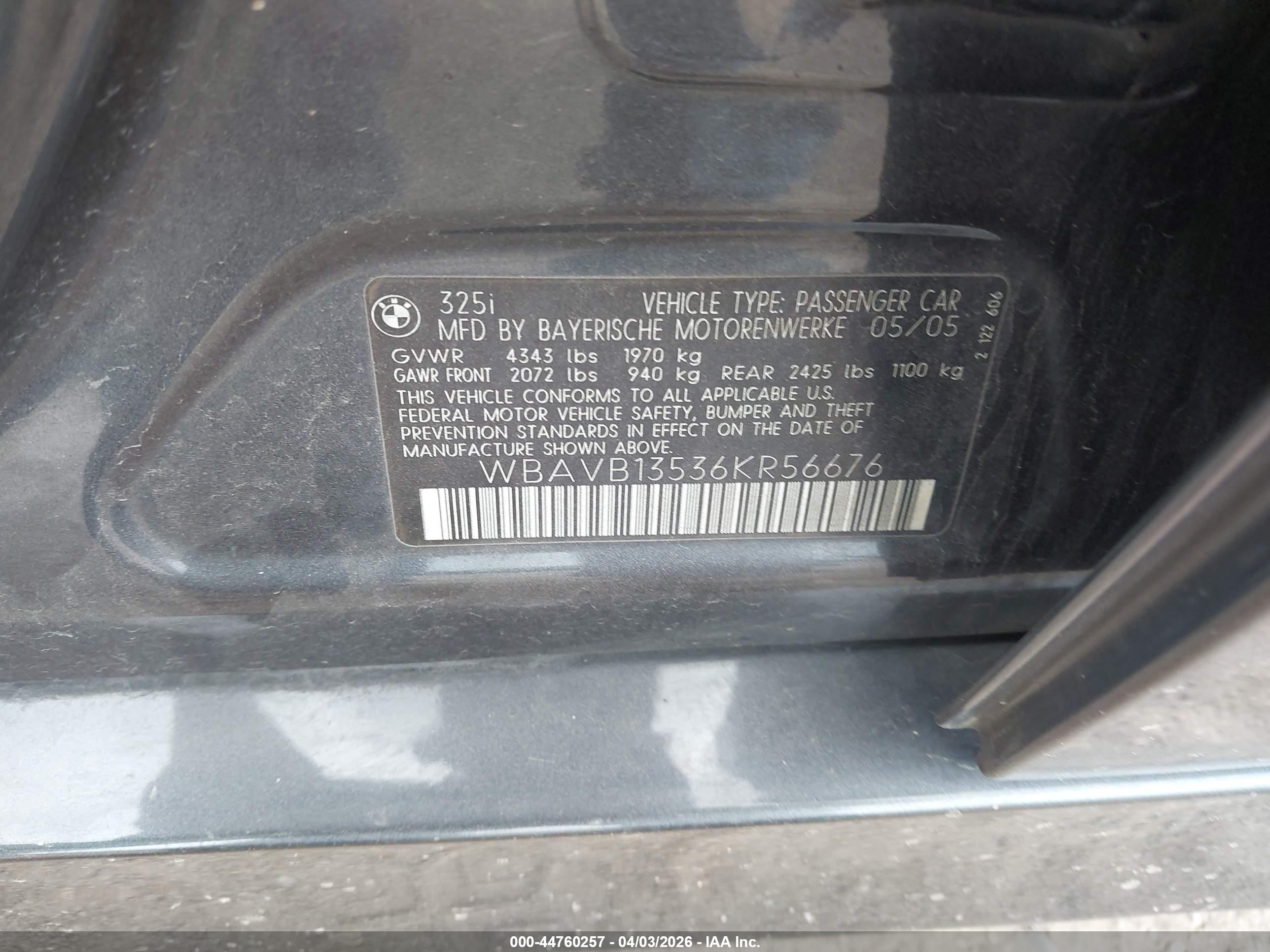 2006 Bmw 325i   Gray vin: WBAVB13536KR56676