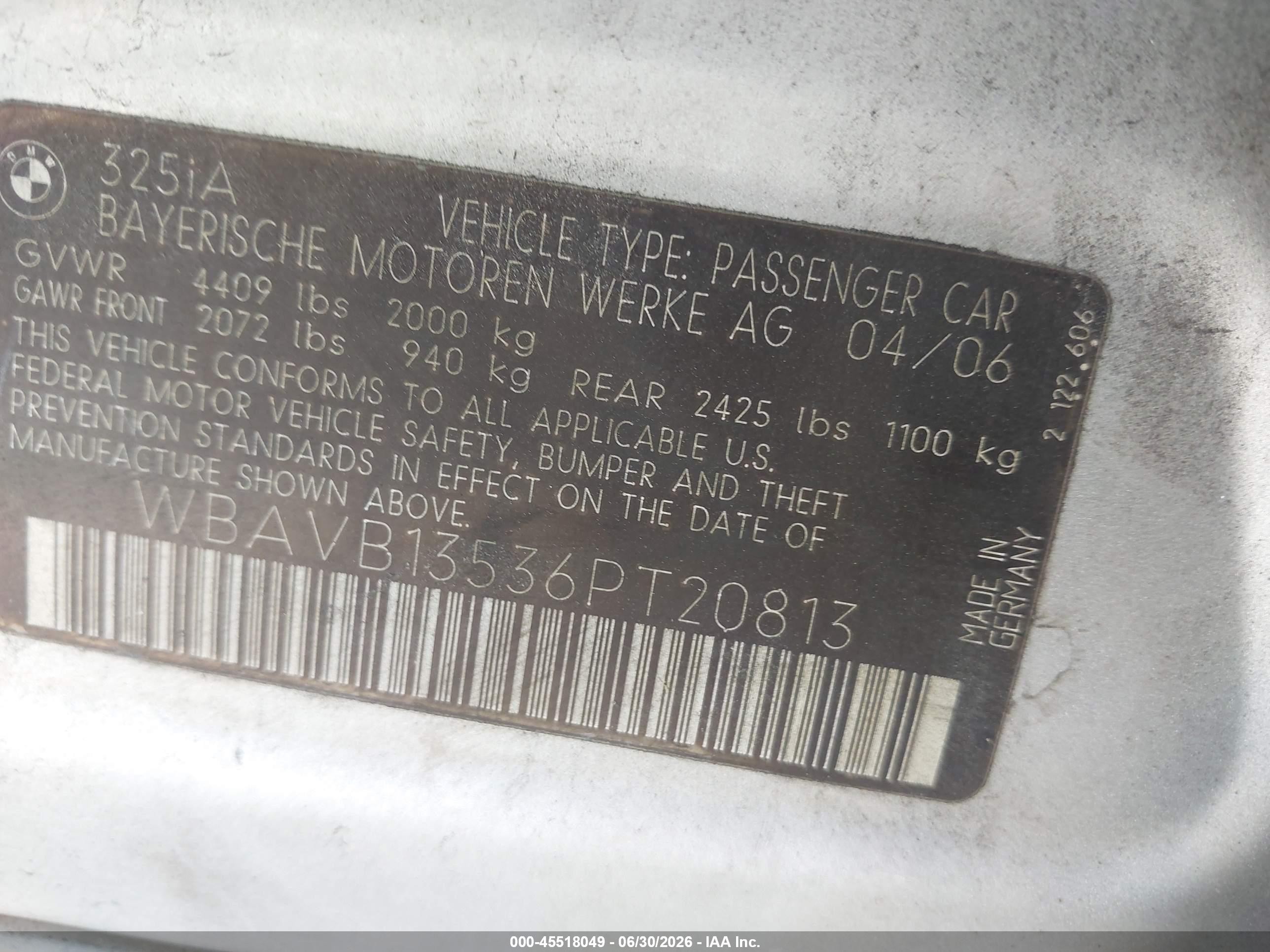 2006 Bmw 325i   Silver vin: WBAVB13536PT20813