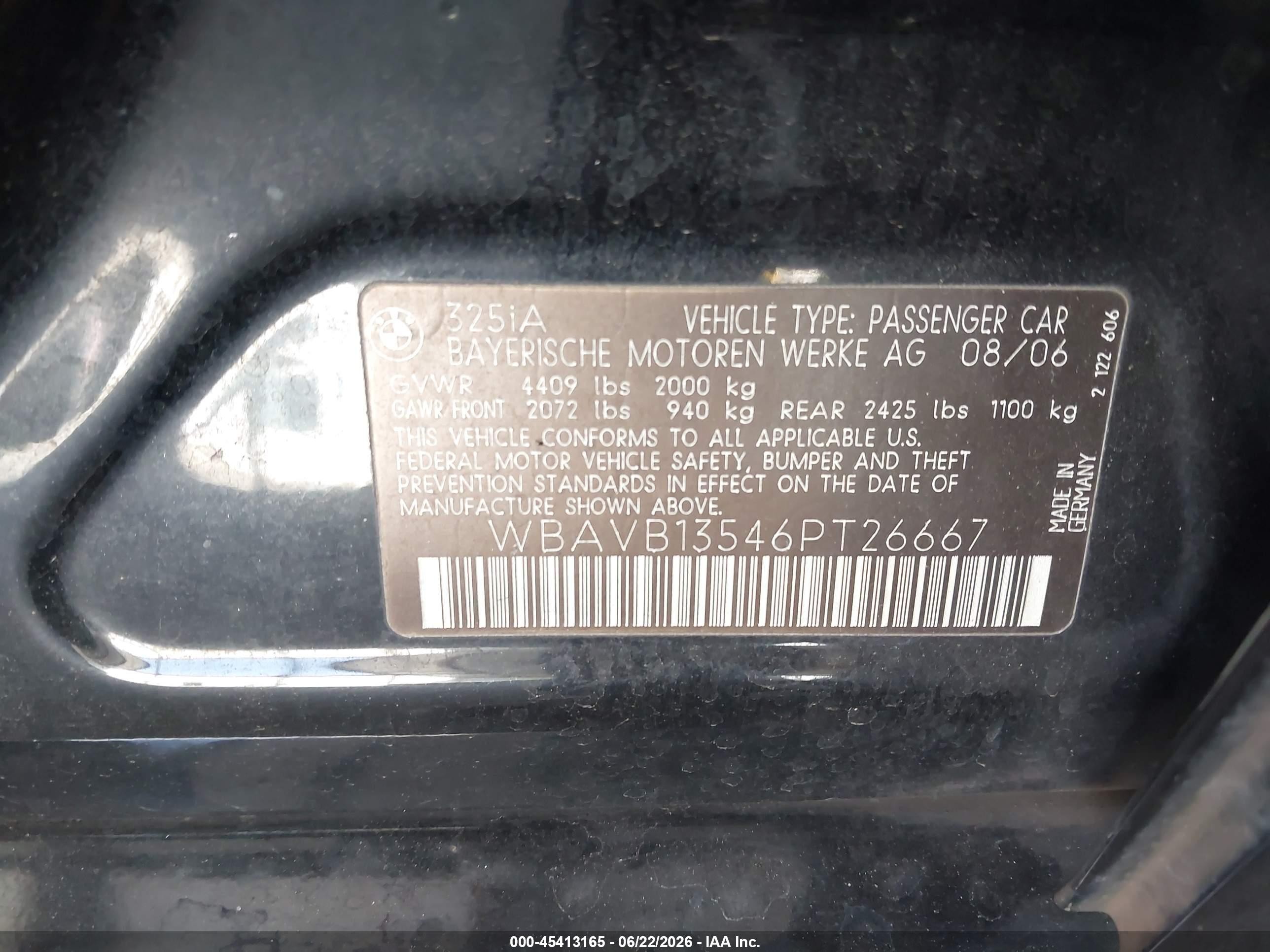 2006 Bmw 325i   Black vin: WBAVB13546PT26667