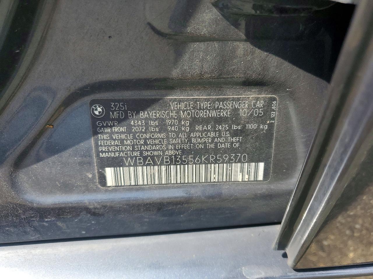 2006 Bmw 325 I Gray vin: WBAVB13556KR59370