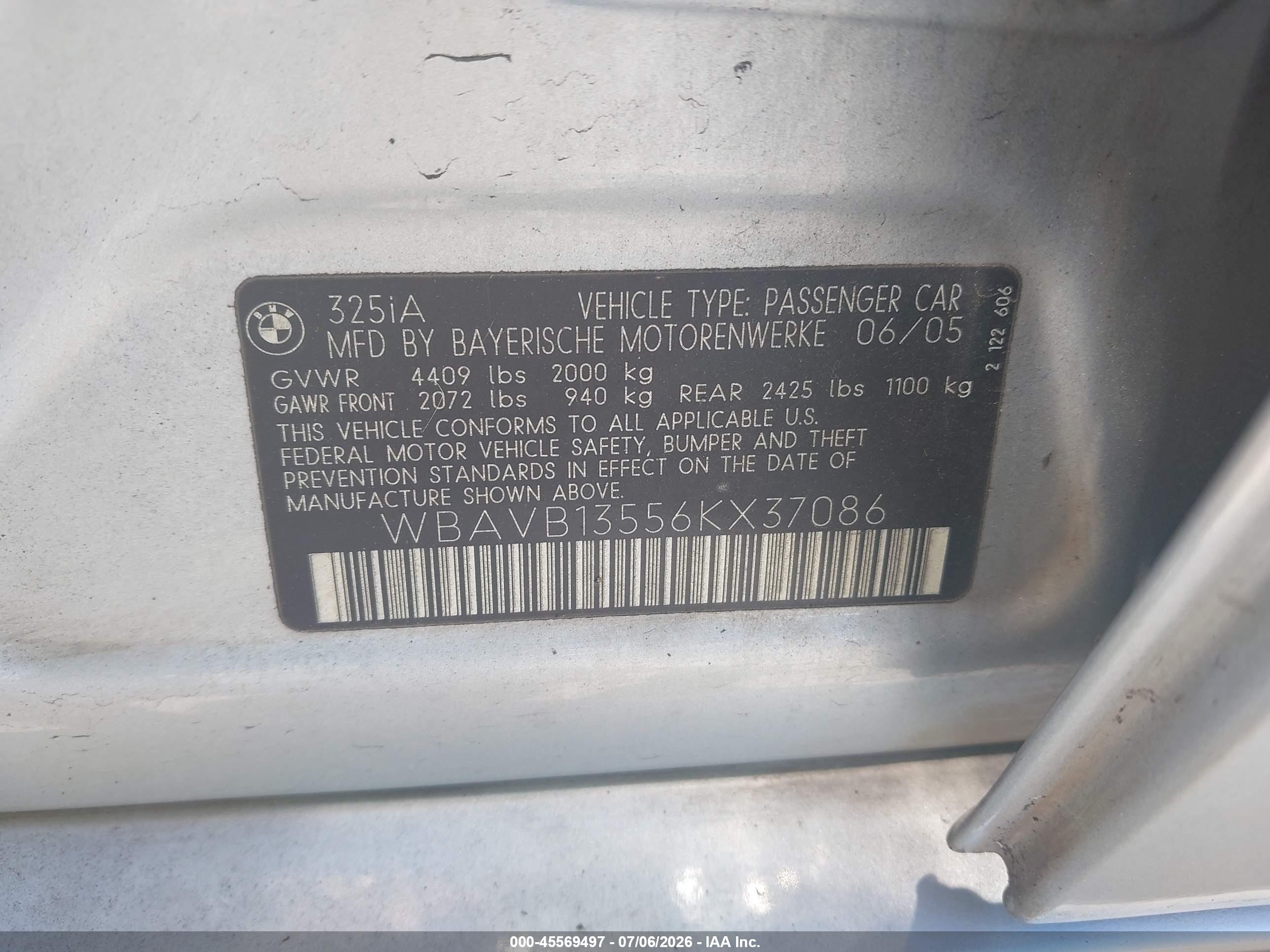 2006 Bmw 325i   Silver vin: WBAVB13556KX37086