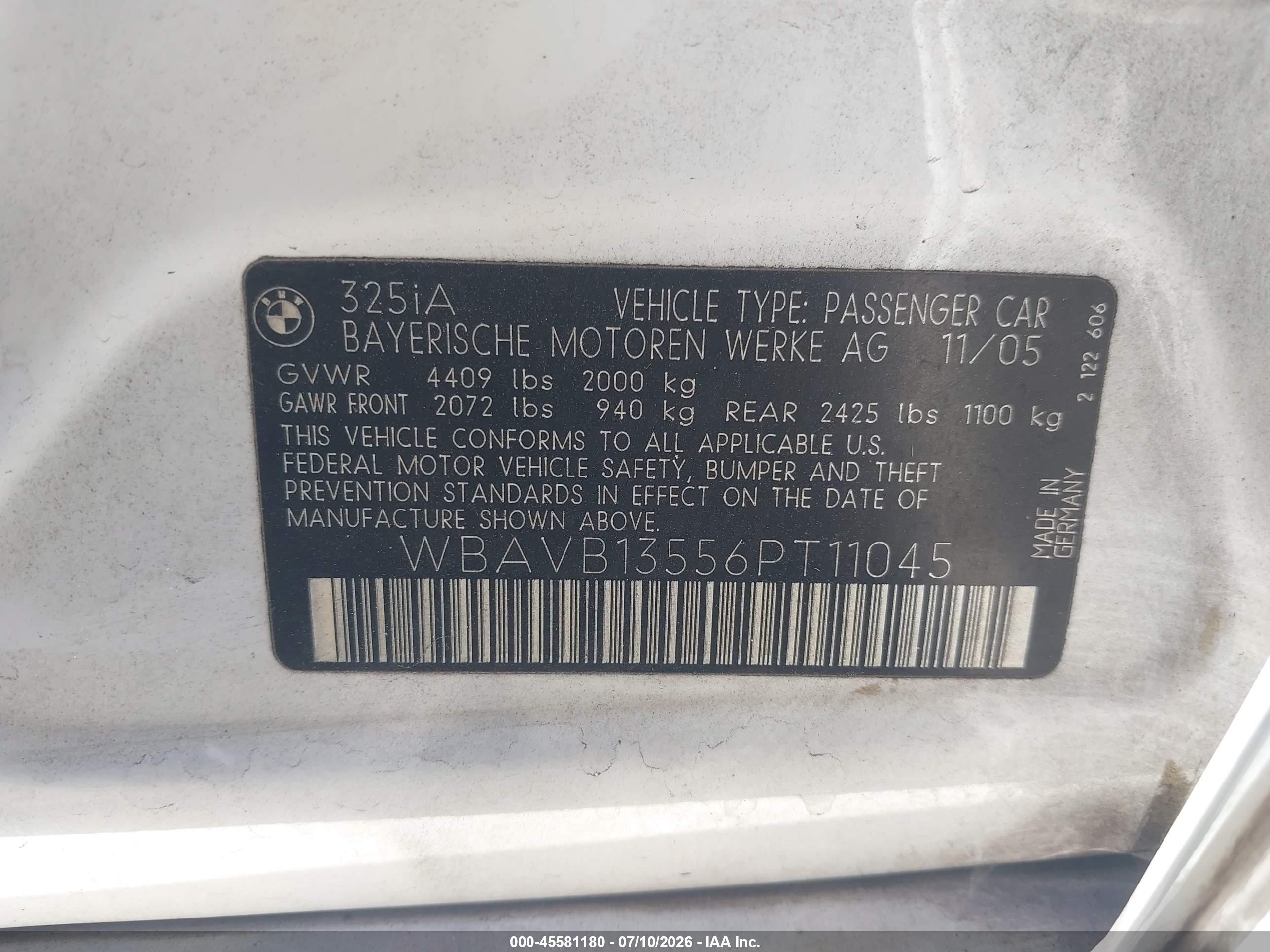 2006 Bmw 325i   White vin: WBAVB13556PT11045