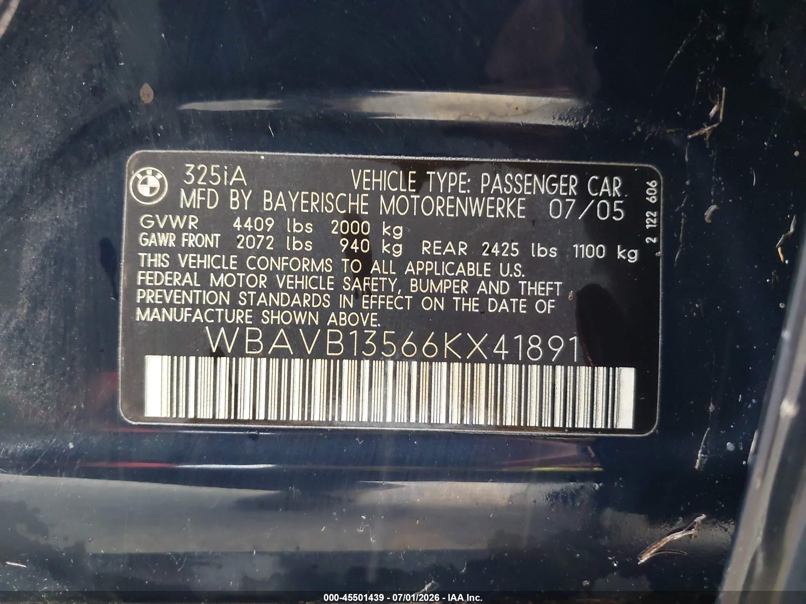 2006 Bmw 325i   Dark Blue vin: WBAVB13566KX41891
