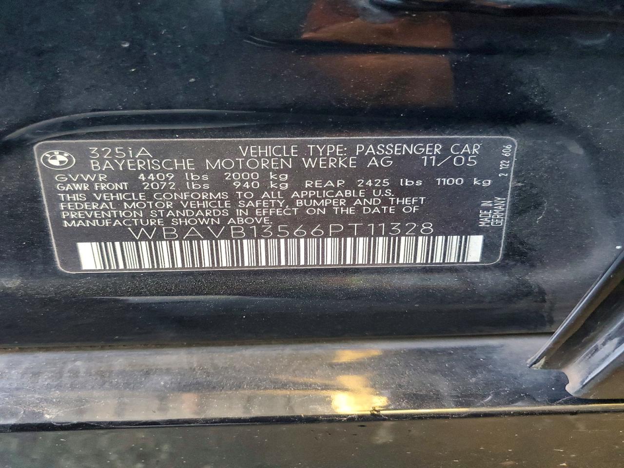 2006 Bmw 325 I Black vin: WBAVB13566PT11328