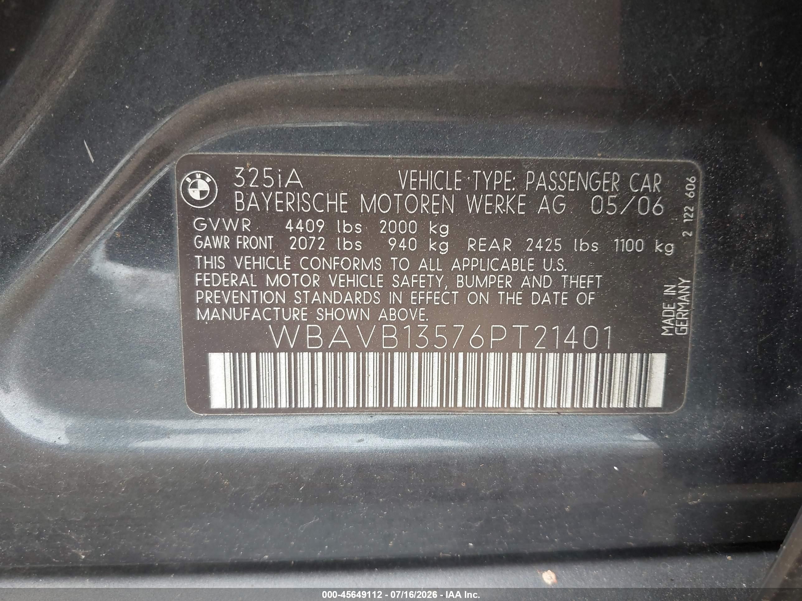 2006 Bmw 325i   Gray vin: WBAVB13576PT21401