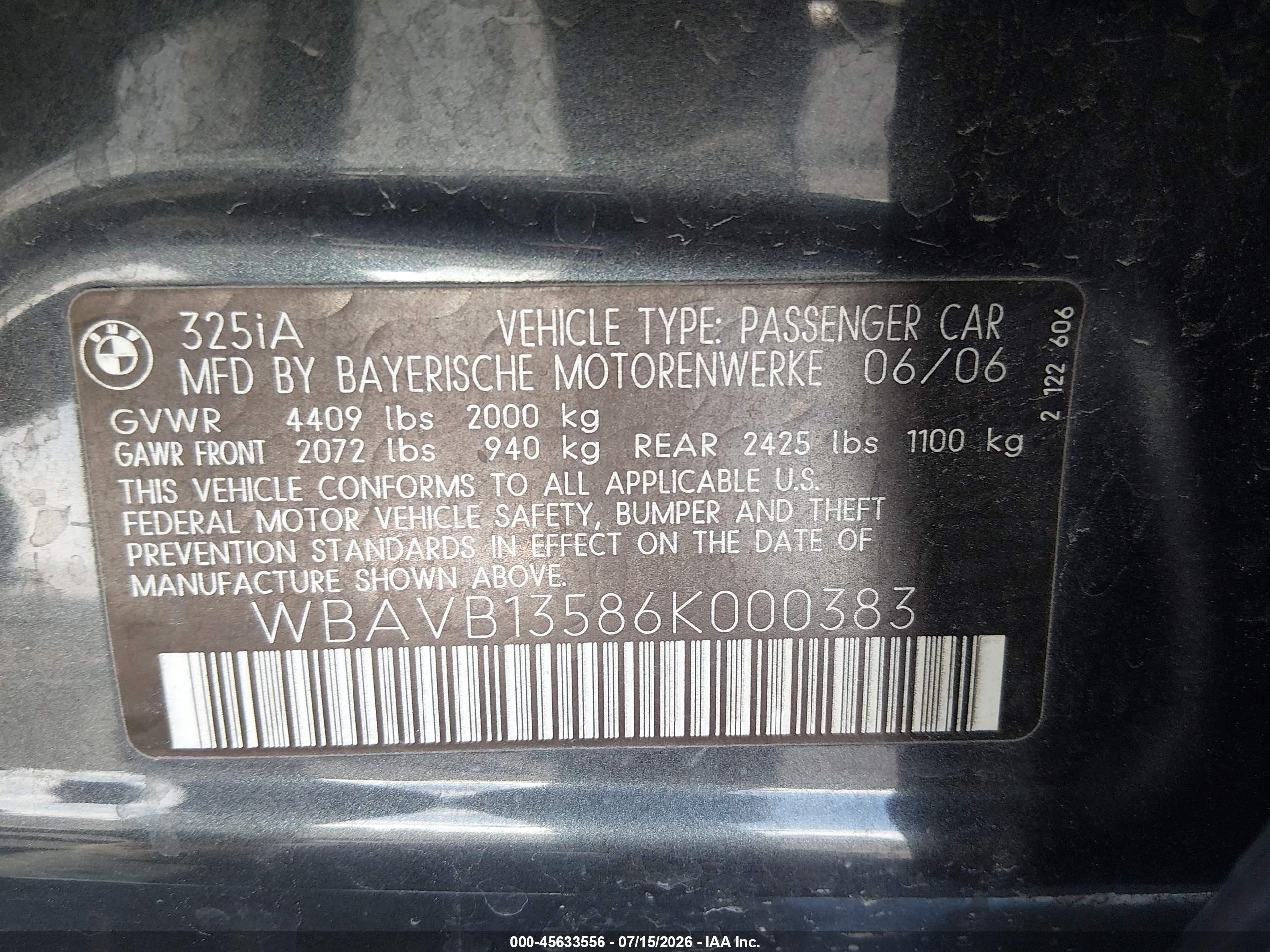 2006 Bmw 325i   Gray vin: WBAVB13586K000383