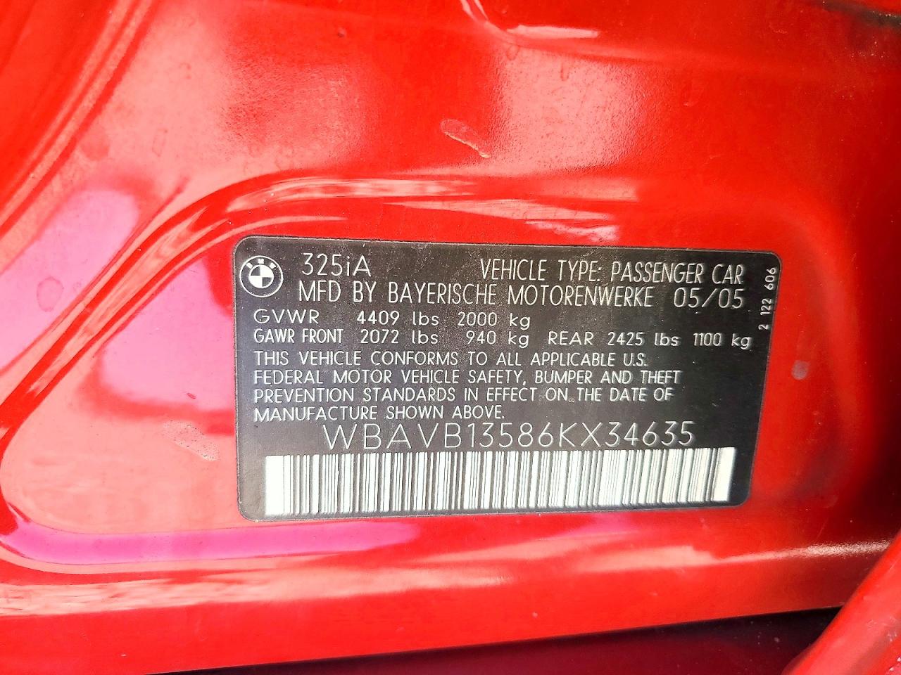 2006 Bmw 325 I Red vin: WBAVB13586KX34635