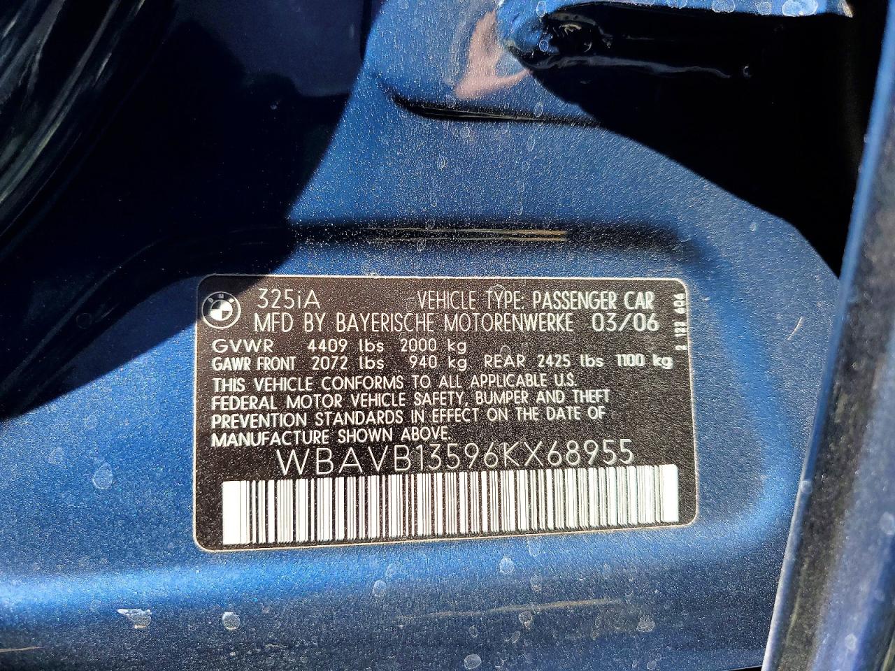 2006 Bmw 325 I Blue vin: WBAVB13596KX68955